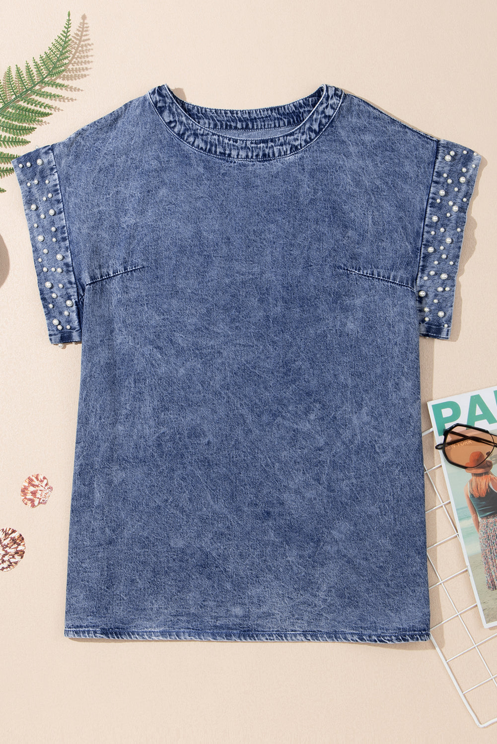 Dusk Blue Acid Wash Pearl Embellishment O Neck Denim TopMaterial:100%Cotton



		The top features a trendy acid wash design with pearl embellishments, adding a touch of sophistication to your outfit.
	
	
		This denim