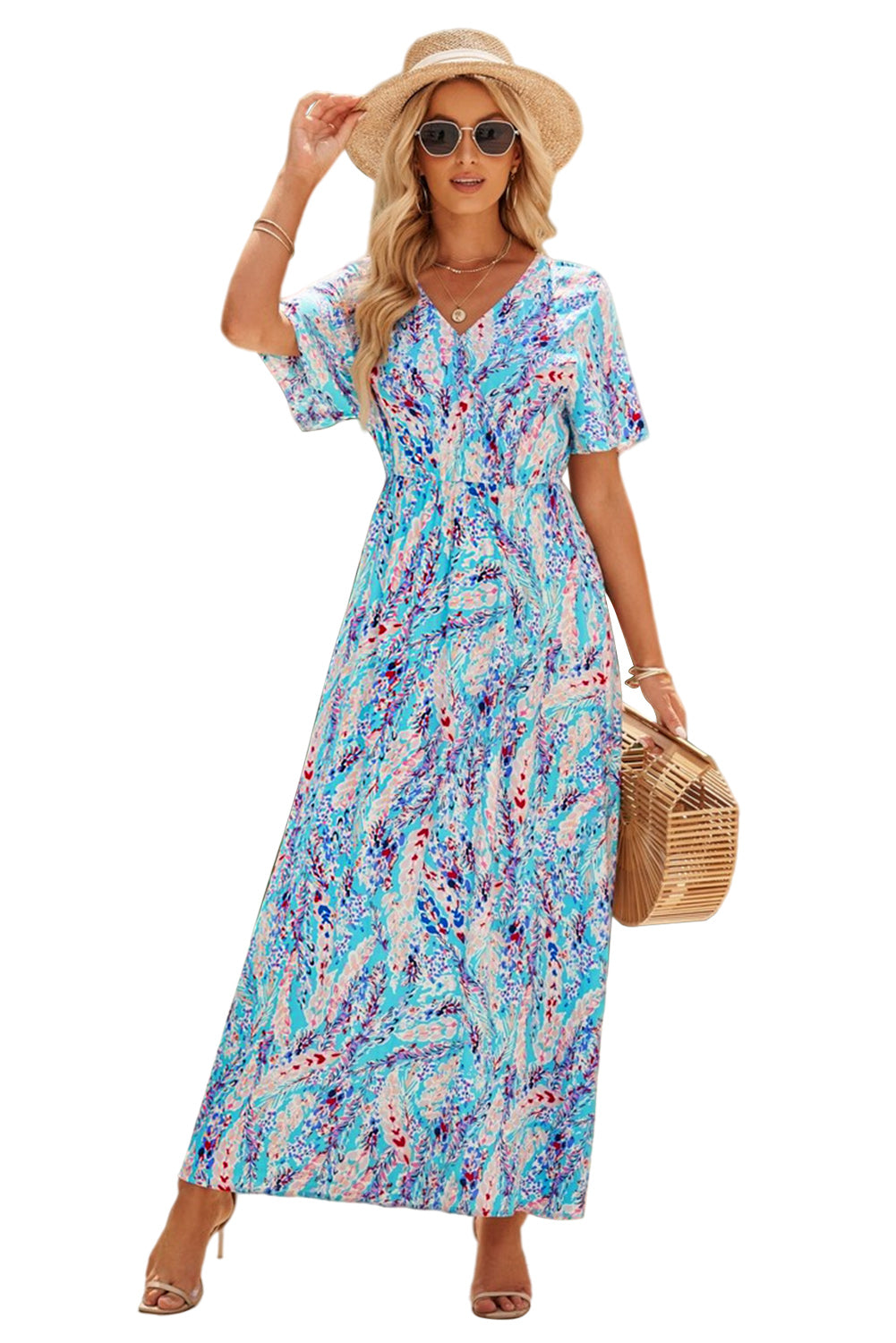 Abstract Botanic Print Wrap V Neck Short Sleeve Maxi DressMaterial:100%Viscose



		•The wrap style makes it a flattering and comfortable option for all body types.
	
	
		•The short sleeves make it ideal for warmer wea