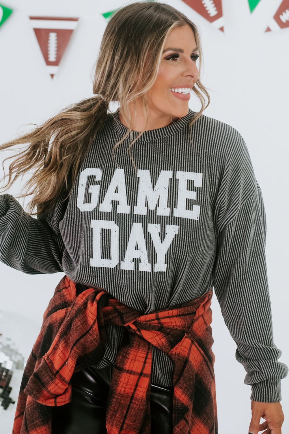 Dark Grey Corded GAME DAY Graphic Long Sleeve TopMaterial:75%Polyester+20%Viscose+5%Elastane



		Celebrate game day in style with this eye-catching graphic long sleeve top.
	
	
		Stay cozy and comfortable wit