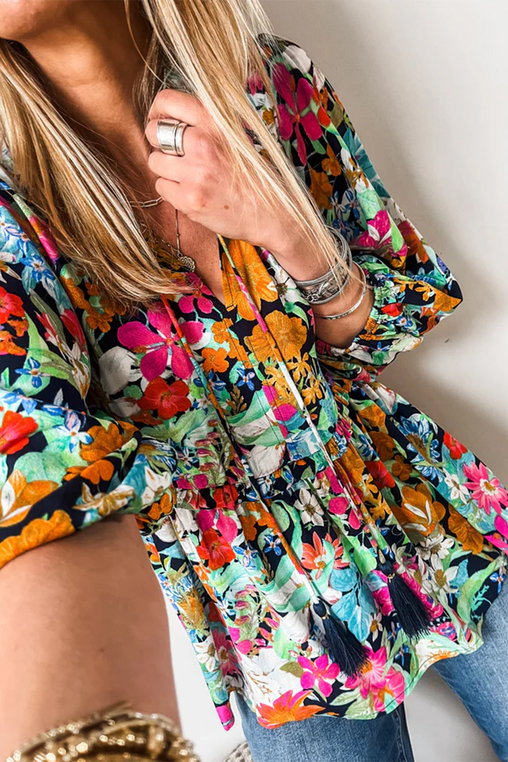 Multicolour Boho Floral V Neck Lantern Sleeve BlouseMaterial:100%Polyester

• Embrace boho-chic vibes with our blouse, featuring vibrant hues and a tie front design for a stylish look.
• The lantern sleeves add a to