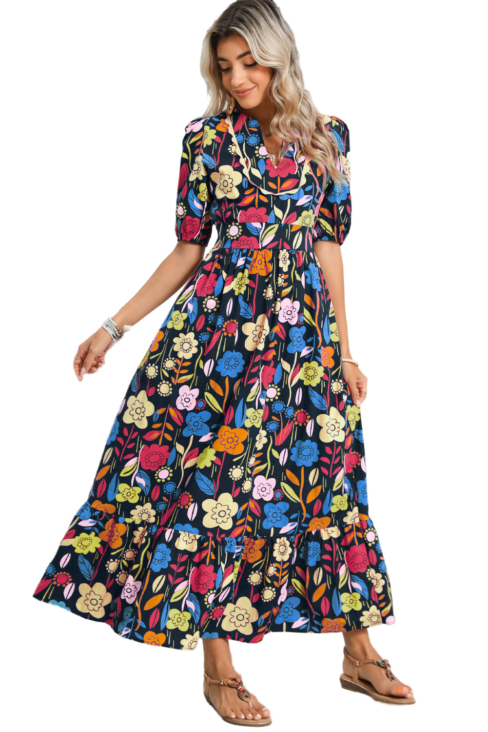 Green Floral Print Split V Neck Puff Sleeve Maxi DressMaterial:100%Cotton



		The dress is made from a soft and breathable fabric, ensuring comfort and a lightweight feel.
	
	
		This maxi dress features a split V 