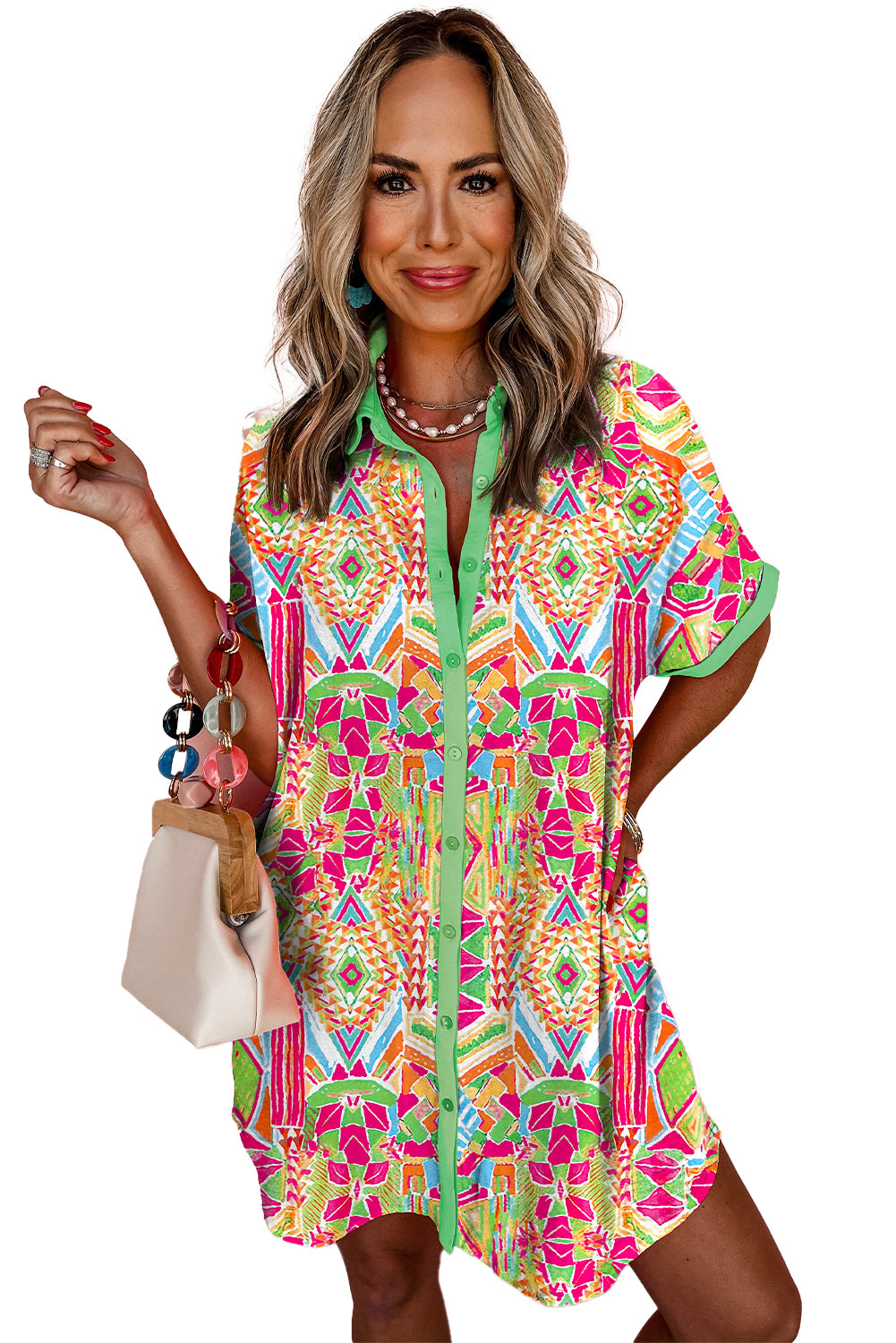 Orange Geometric Print Contrast Trim Short Sleeve Shirt DressMaterial:100%Polyester

• Stand out in vibrant orange hues with this dress featuring a geometric print that adds a trendy touch to your wardrobe. 
• The button-dow