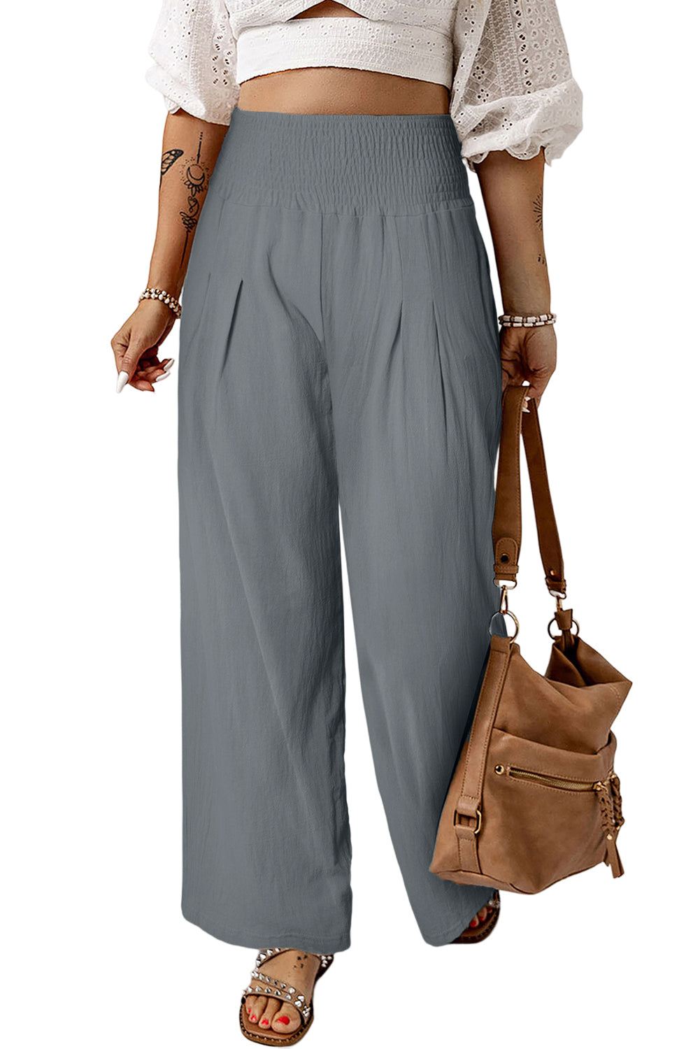 Black Smocked Wide Waistband High Waist Wide Leg PantsMaterial:65%COTTON+35%POLYESTER



		Flattering smocked waistband cinches at the
waist for a lovely silhouette
	
	
		High waist design elongates legs for a
st