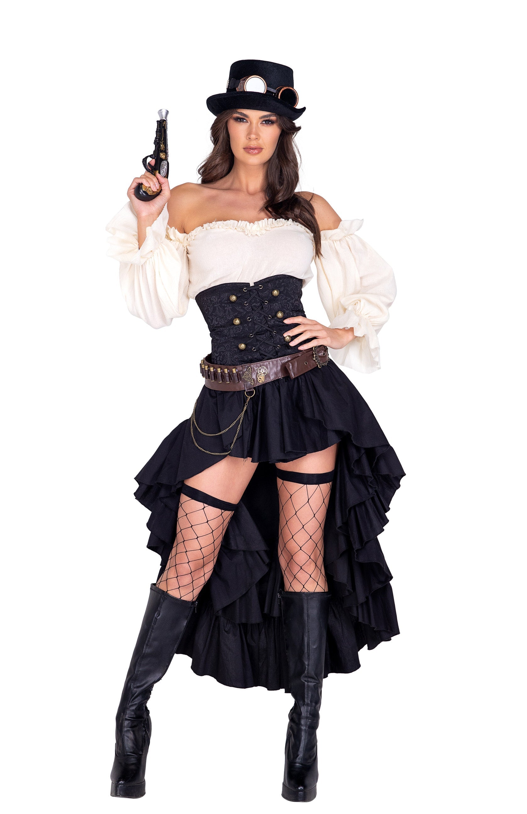 5034 - 6pc Steampunk Seductress6pc Steampunk Seductress
Includes Hat, Goggles, Cropped Top with Sleeves, Waist-Cincher Attached Ruffled Skirt, Belt &amp; Gun