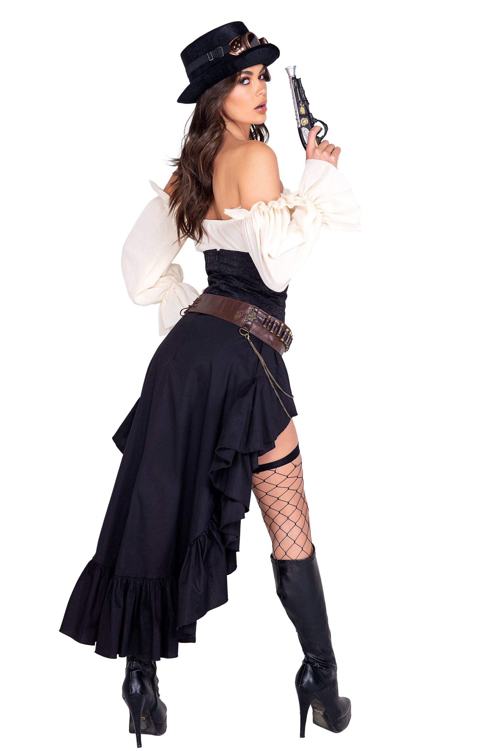 5034 - 6pc Steampunk Seductress6pc Steampunk Seductress
Includes Hat, Goggles, Cropped Top with Sleeves, Waist-Cincher Attached Ruffled Skirt, Belt &amp; Gun