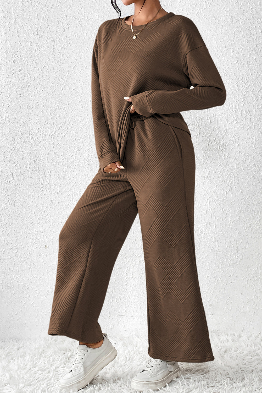 Red Dahlia Textured Loose Slouchy Long Sleeve Top and Pants SetMaterial:95%POLYESTER+5%ELASTANE



		Our Gray Textured Loose Slouchy Long Sleeve Top and Pants Set, a comfortable and stylish ensemble that is perfect for loungin
