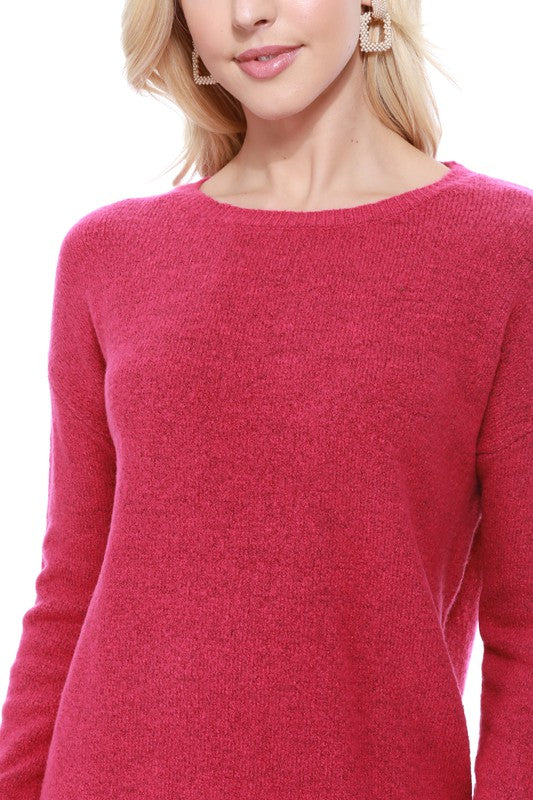 Crew-neck Knit Pullover Sweater with Side Slit- Length: 23-24"- 75% Soft Touch Acrylic, 22% Nylon, 3% Spandex Stretch- Cozy, Soft Mohair Like Acrylic with Spandex Stretch. - Thin, Comfortable, and Warm- Various 