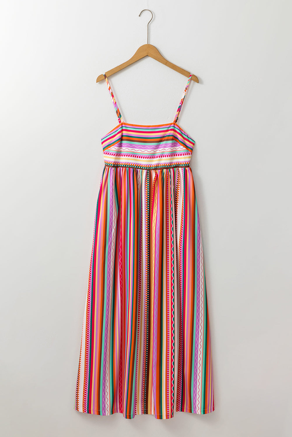 Multicolour Boho Striped Spaghetti Strap Smocked Back Maxi DressMaterial:100%Polyester

• Embrace a vibrant blend of colors in this maxi dress, perfect for daily wear with its relaxed, sleeveless design.
• The shirred back ensu