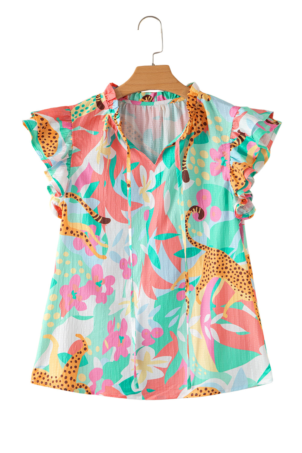 Green Tie Split Neck Ruffle Summer Cheetah Floral BlouseMaterial:100%Polyester

• Embrace the wild side of fashion with this blouse that effortlessly combines leopard print and floral patterns for a bold statement piece.