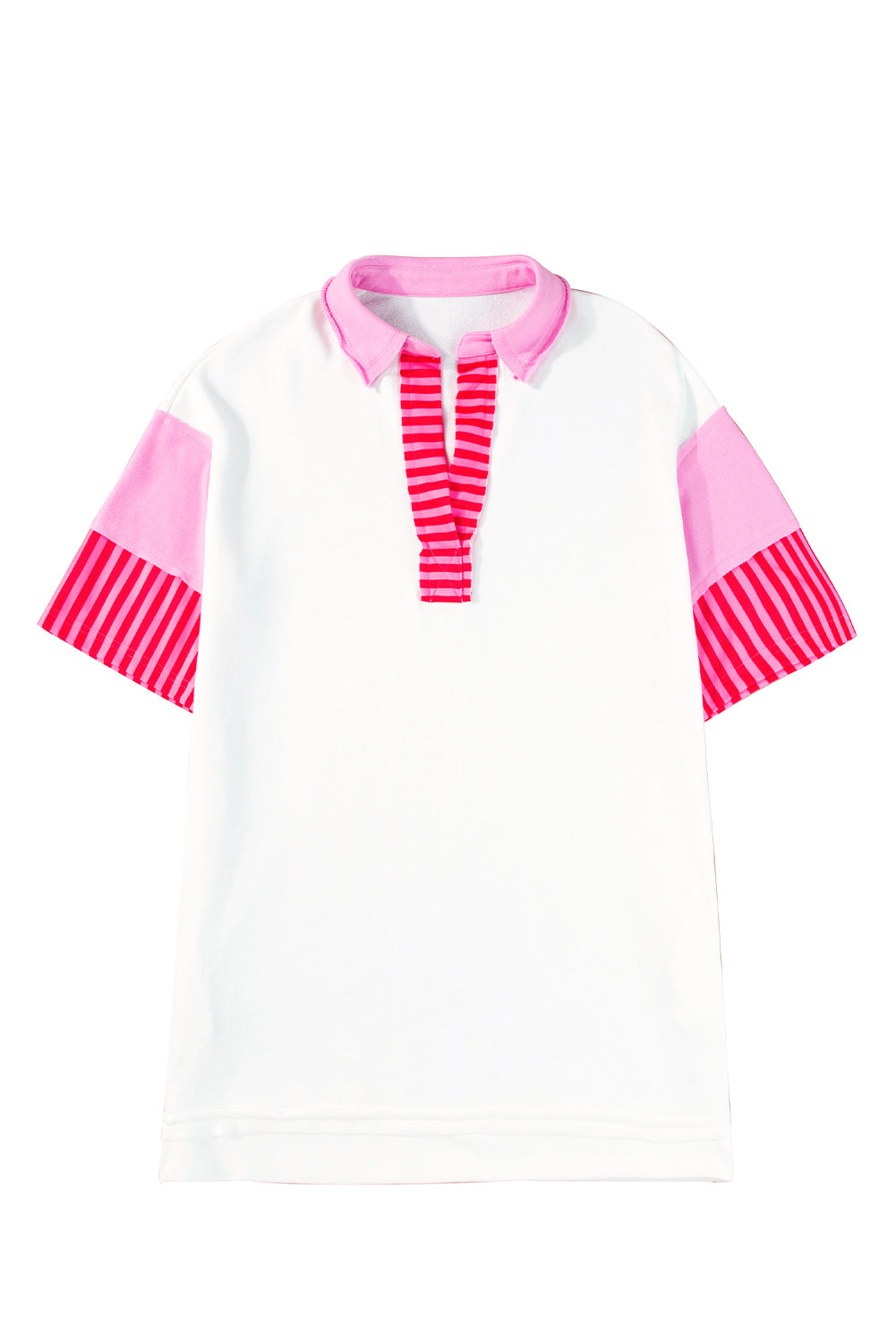 Pink Stripe Colorblock Sleeve Collared Mini DressMaterial:65%Polyester+35%Cotton

• The combination of pink and stripes adds a fun and trendy touch to your outfit.
• Embrace the relaxed vibes with the drop sleeve