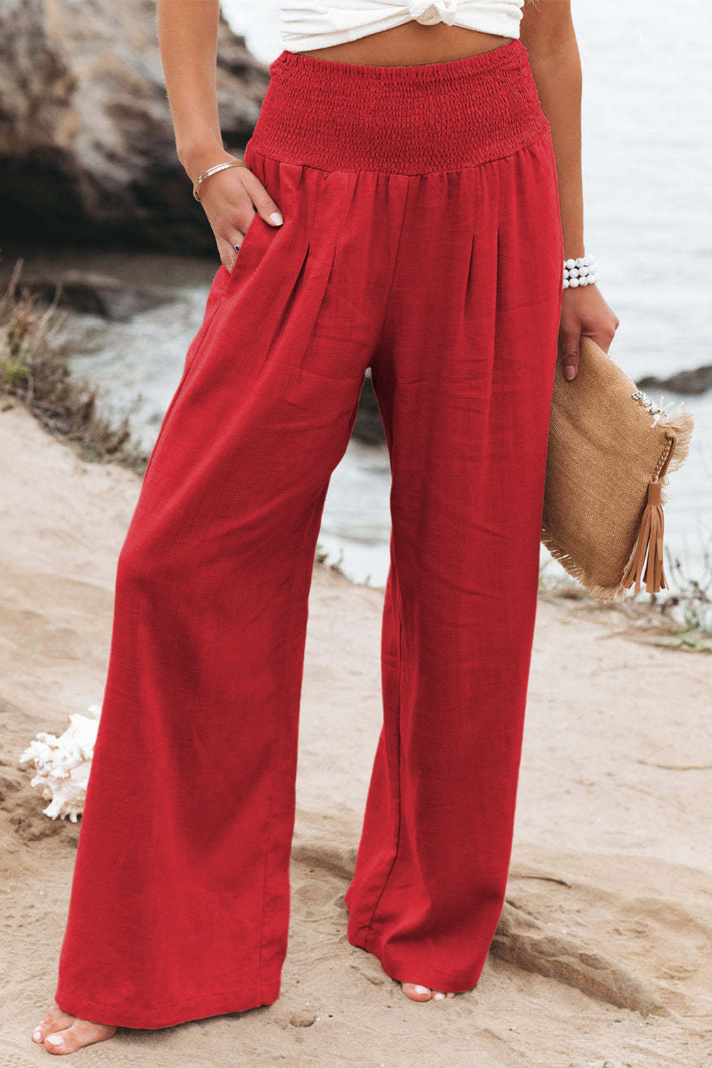 Black Smocked Wide Waistband High Waist Wide Leg PantsMaterial:65%COTTON+35%POLYESTER



		Flattering smocked waistband cinches at the
waist for a lovely silhouette
	
	
		High waist design elongates legs for a
st