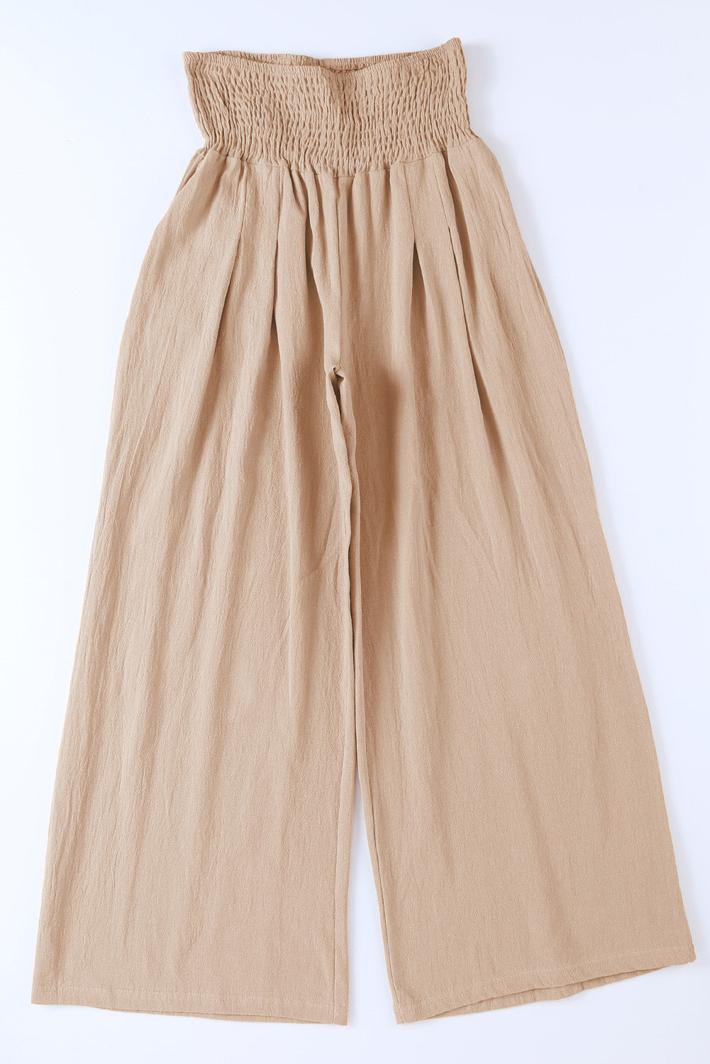 Black Smocked Wide Waistband High Waist Wide Leg PantsMaterial:65%COTTON+35%POLYESTER



		Flattering smocked waistband cinches at the
waist for a lovely silhouette
	
	
		High waist design elongates legs for a
st