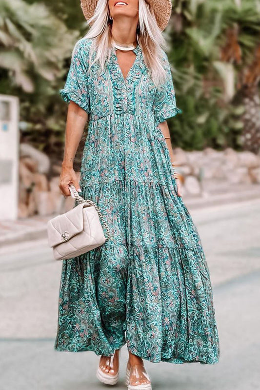 Sky Blue Paisley Print Split V Neck Tiered Boho Maxi DressMaterial:100%Polyester



		Stylish and comfortable sky blue paisley print maxi dress with a split V-neckline and tiered design.
	
	
		Eye-catching boho-inspire