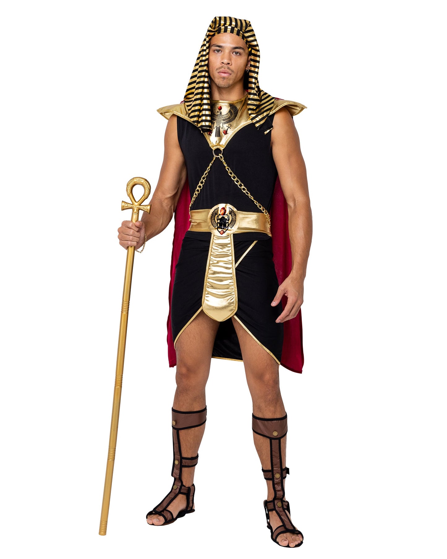 6204 - 5PC Mighty PharaohIncludes Headpiece, Cape Collar with Print Detail &amp; Chain, Shirt, Skirt, and Belt with Print Detail
Cane Not Included