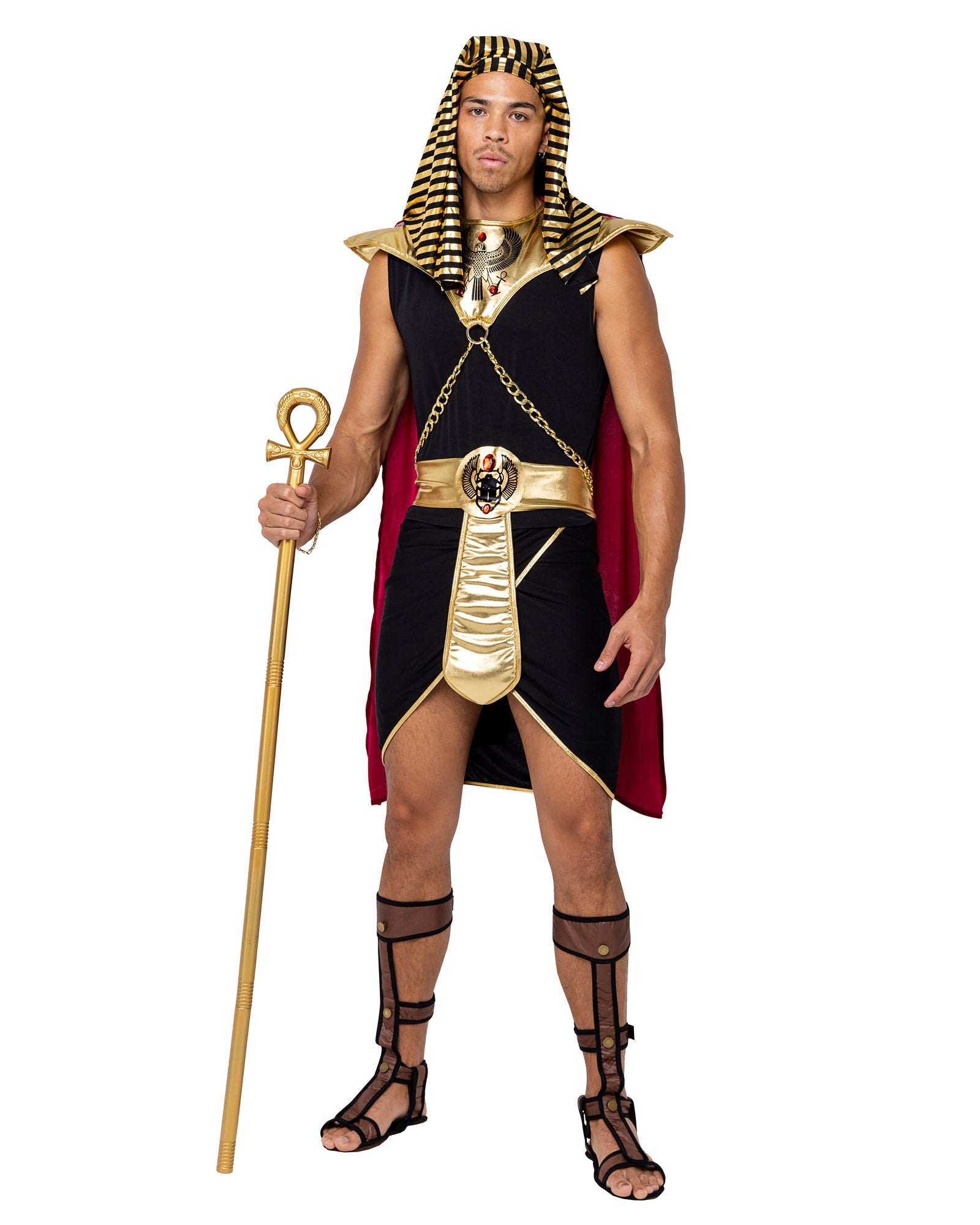 6204 - 5PC Mighty PharaohIncludes Headpiece, Cape Collar with Print Detail &amp; Chain, Shirt, Skirt, and Belt with Print Detail
Cane Not Included