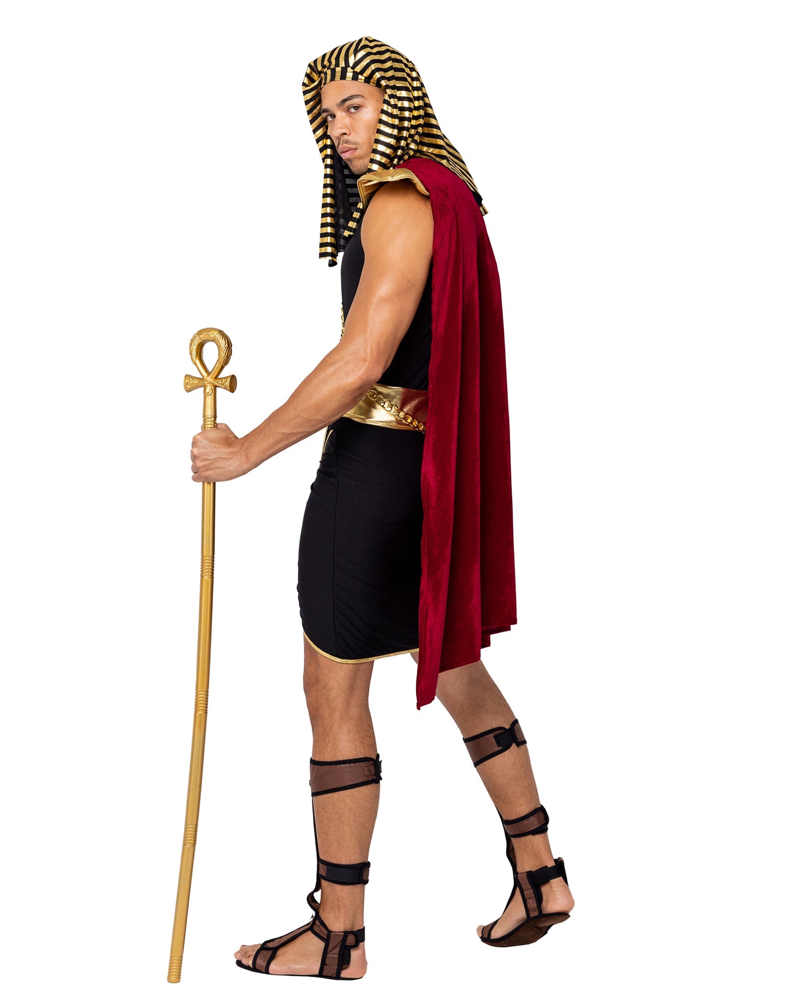 6204 - 5PC Mighty PharaohIncludes Headpiece, Cape Collar with Print Detail &amp; Chain, Shirt, Skirt, and Belt with Print Detail
Cane Not Included