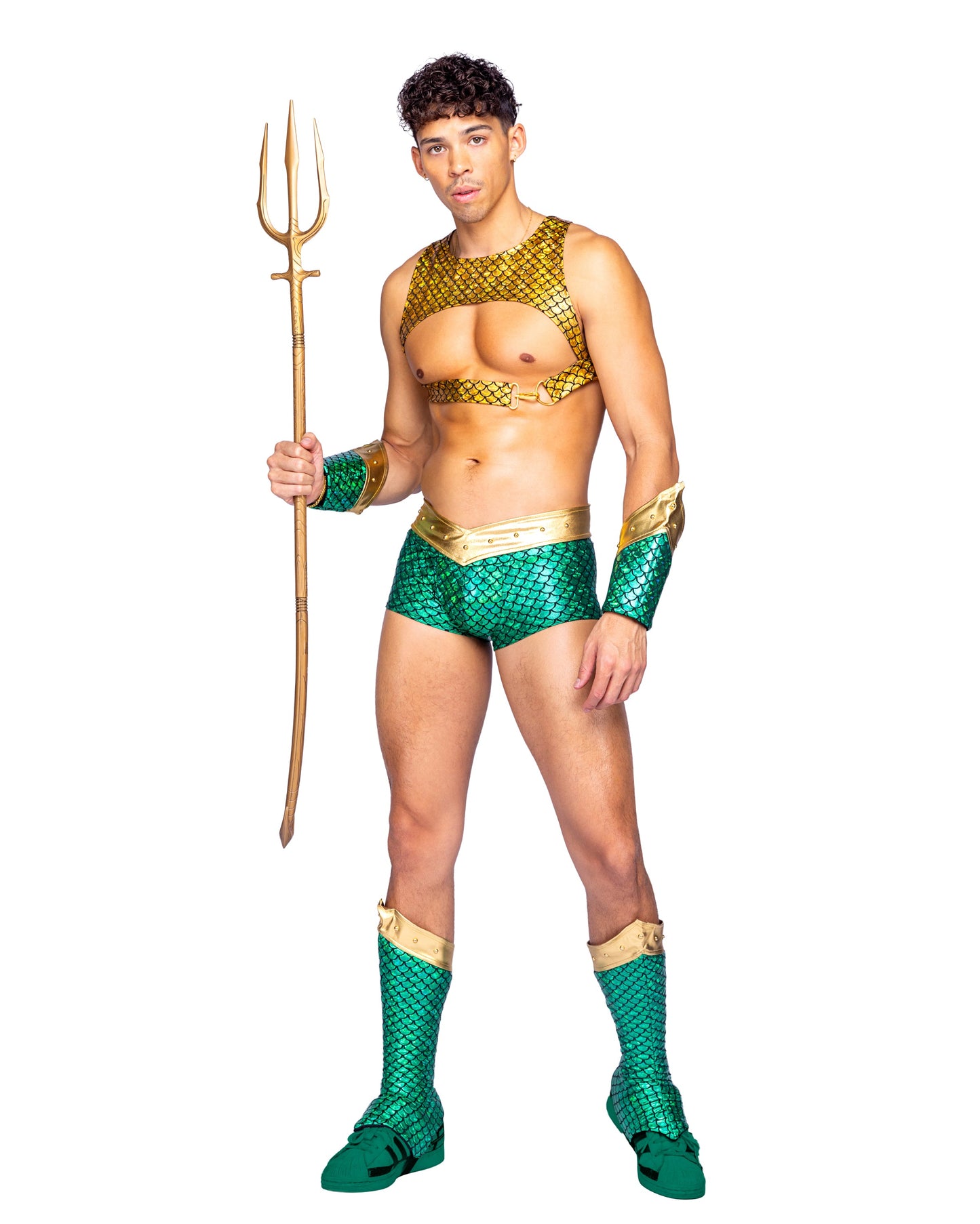 6365 - 4pc Aqua HunkIncludes Harness with Buckle, Studded Belt, Shorts, and Cuffs
*Trident &amp; Boot Covers Not Included