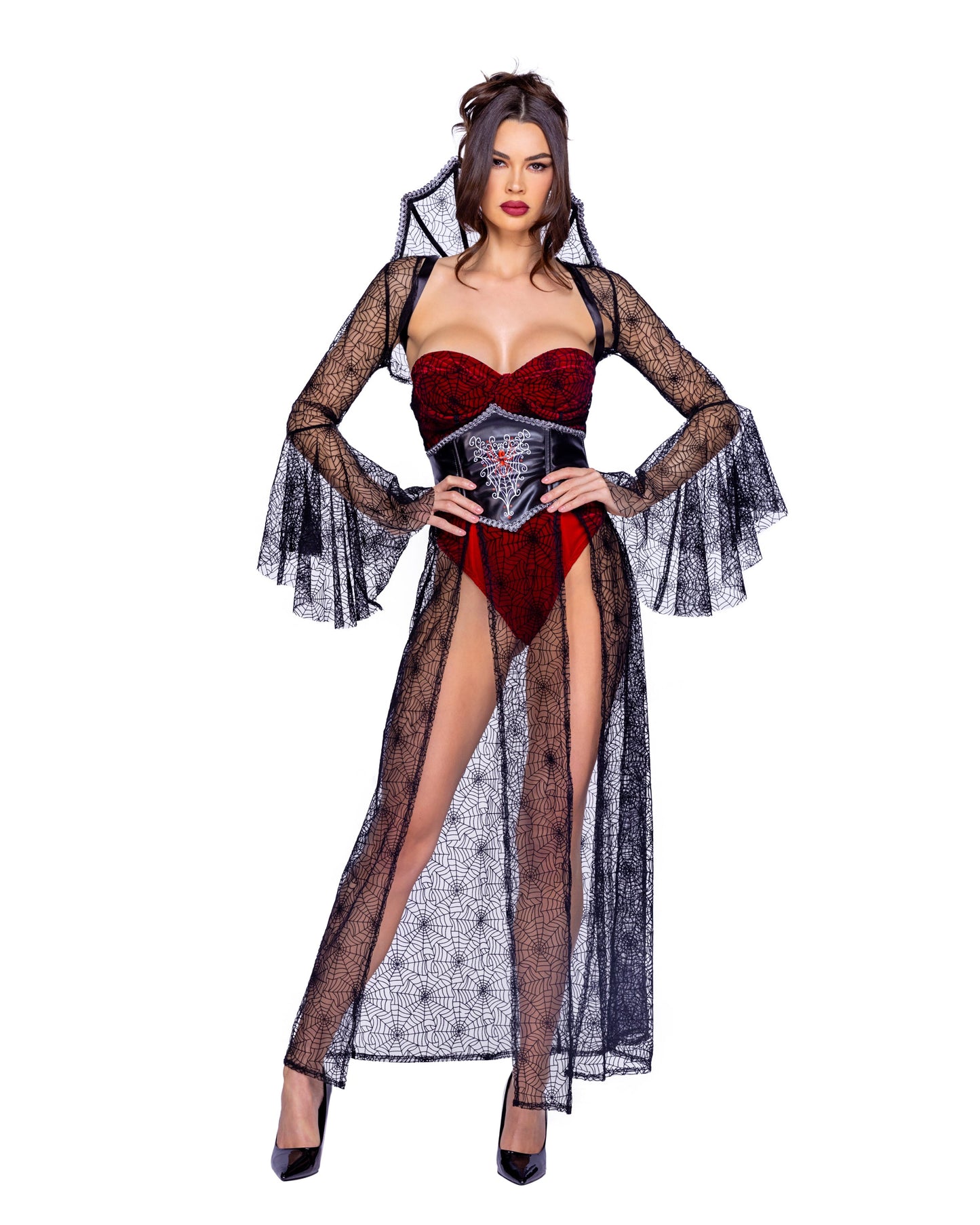 6376 - 4pc Black WidowIncludes Velvet Printed Web Bolero, Belle Sleeved Shrug, Bodysuit with Skirt, and Waist Cincher with Spider Print