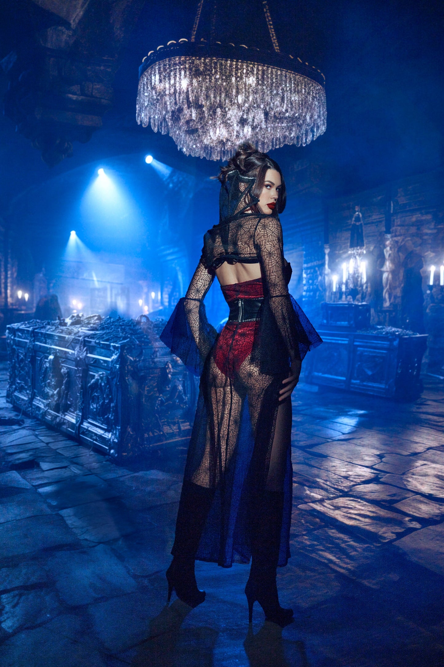 6376 - 4pc Black WidowIncludes Velvet Printed Web Bolero, Belle Sleeved Shrug, Bodysuit with Skirt, and Waist Cincher with Spider Print