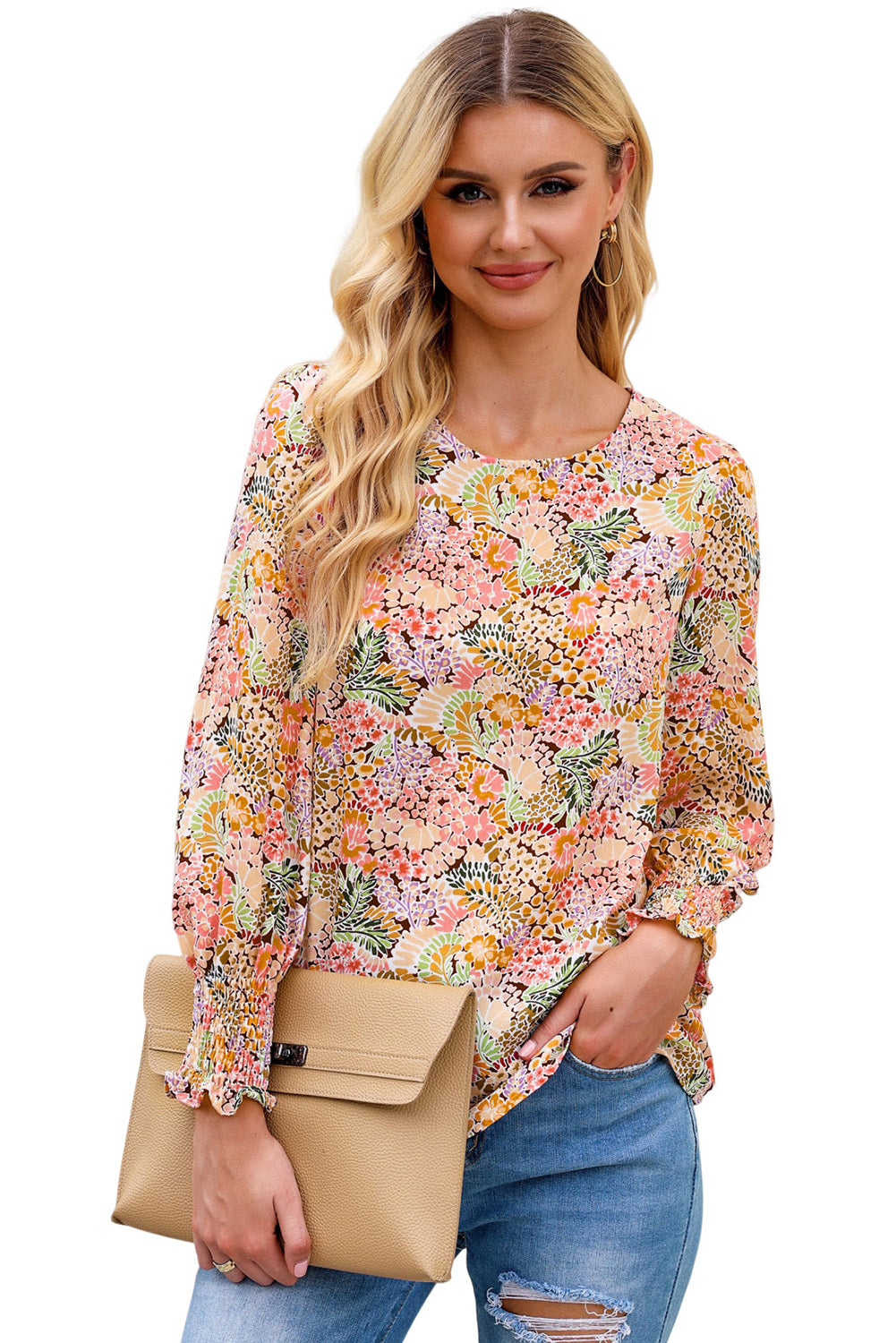 Multicolor Floral Print Smocked Cuffs Long Sleeve BlouseMaterial:100%Polyester


	

			The Floral Print Smocked Cuffs Long Sleeve Blouse is a feminine and elegant addition to any wardrobe. Its delicate floral print and