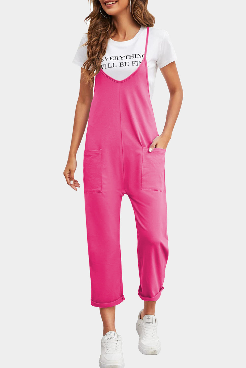 Black Pocketed Adjustable Spaghetti Strap Straight Leg JumpsuitMaterial:95%POLYESTER+5%ELASTANE


	


		Straight leg jumpsuit can perfectly shape
wearers’ leg shapes
	
	
		Adjustable spaghetti strap is perfect to
suit w