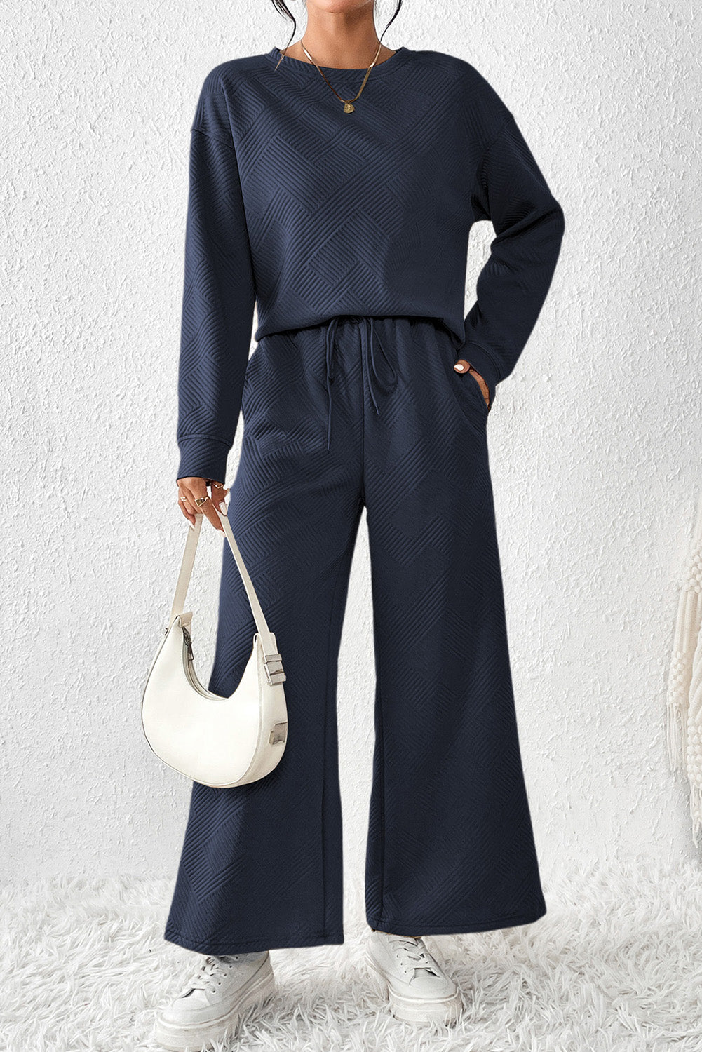 Red Dahlia Textured Loose Slouchy Long Sleeve Top and Pants SetMaterial:95%POLYESTER+5%ELASTANE



		Our Gray Textured Loose Slouchy Long Sleeve Top and Pants Set, a comfortable and stylish ensemble that is perfect for loungin