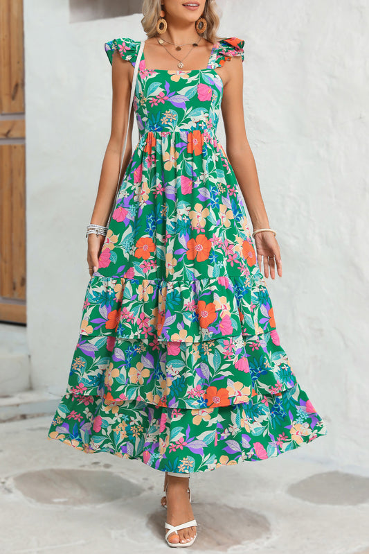 Green Boho Floral Print Ruffle Sleeveless Tiered Maxi DressMaterial:100%Polyester



		This flowy dress is perfect for warm weather or beach outings
	
	
		The ruffled shoulder strap adds movement and an extra layer of v