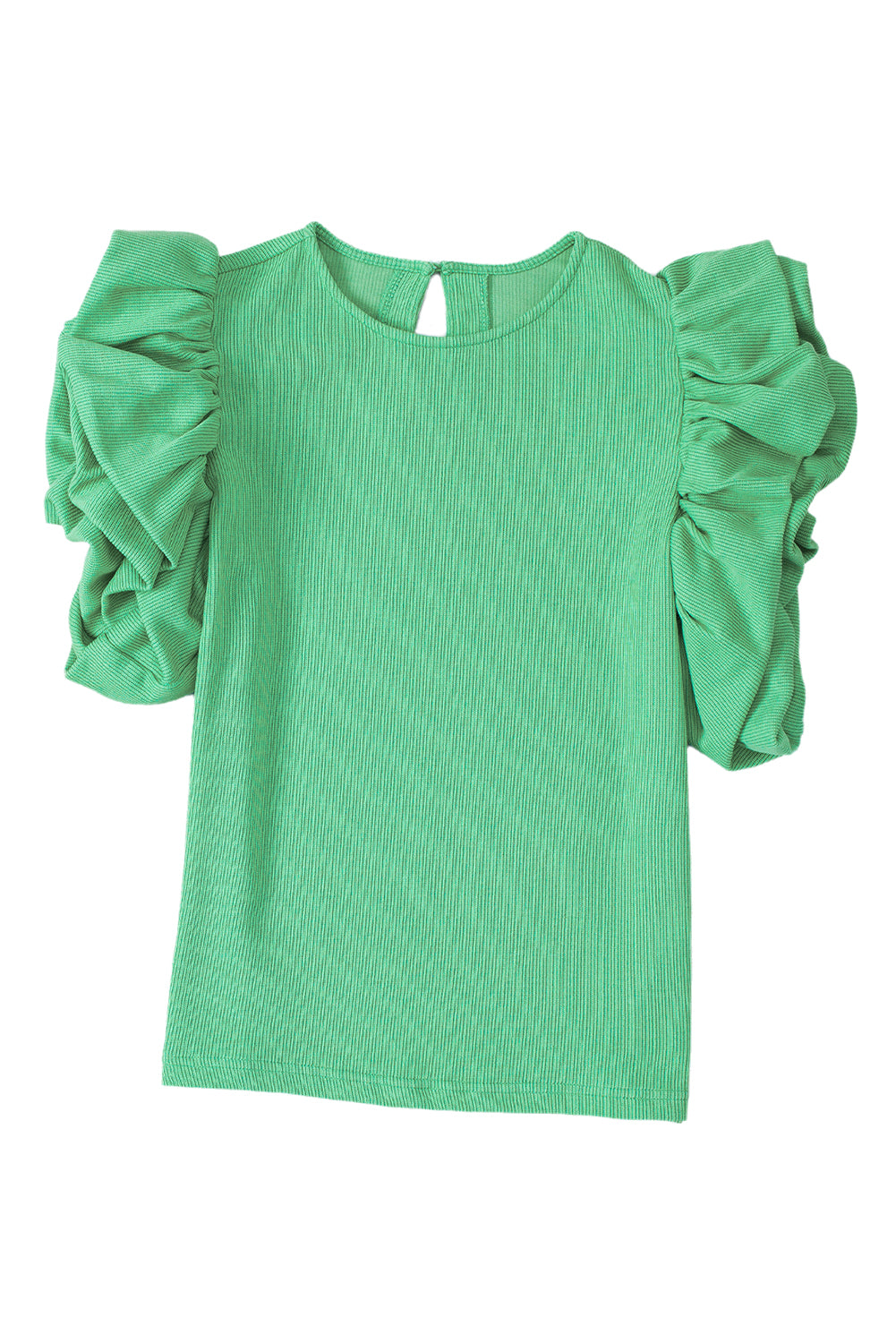Green Solid Color Ruffle Sleeve Ribbed BlouseMaterial:65%cotton+33%polyester+2%Elastane



		The blouse features ruffle sleeves, which add a playful and romantic touch to the overall design. 
	
	
		The sol