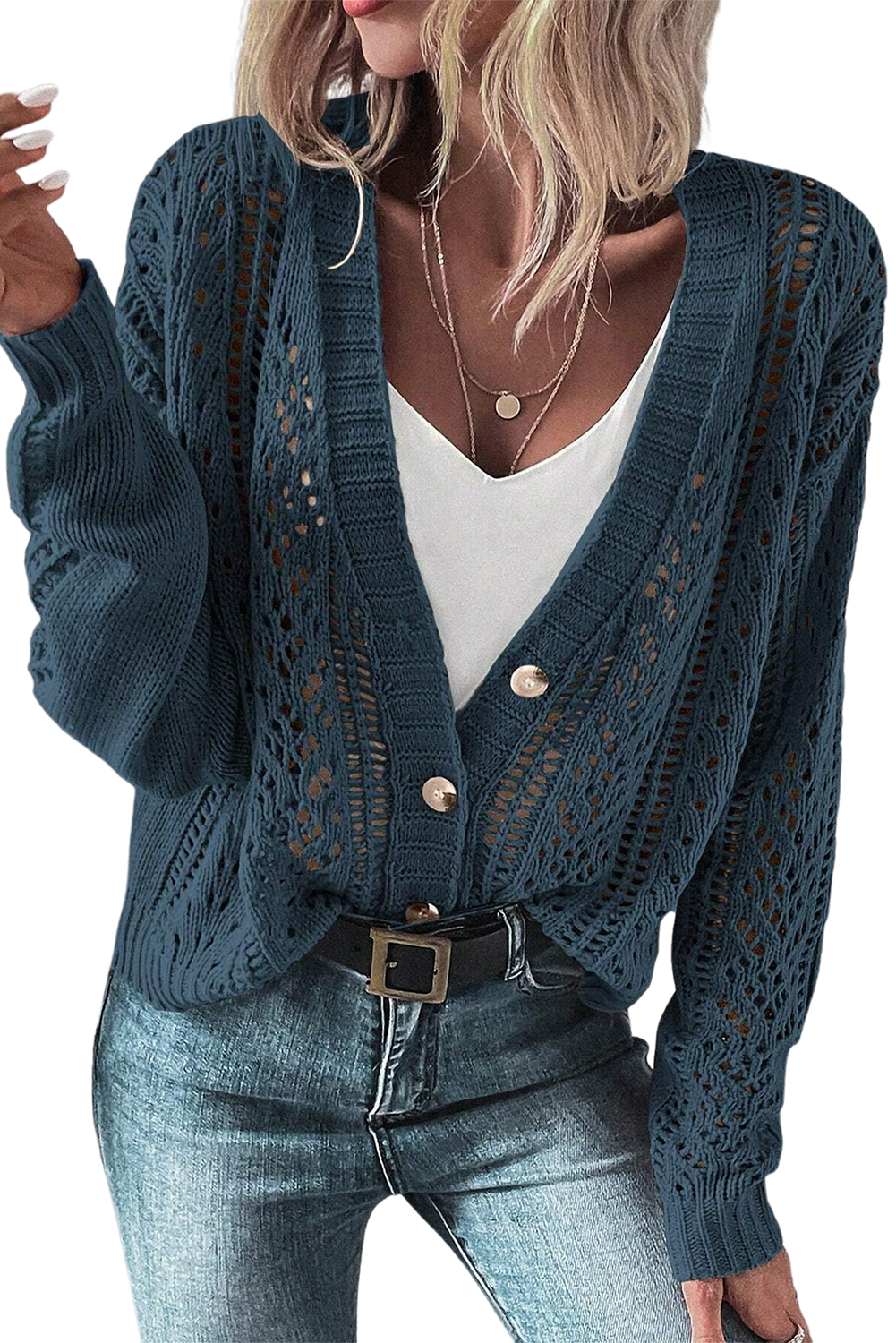 Real Teal Hollow Knit Drop Shoulder CardiganMaterial:60%Cotton+40%Acrylic

• Elevate your casual wardrobe with the cardigan, crafted for comfort and style, ideal for layering during transitional seasons.
• T