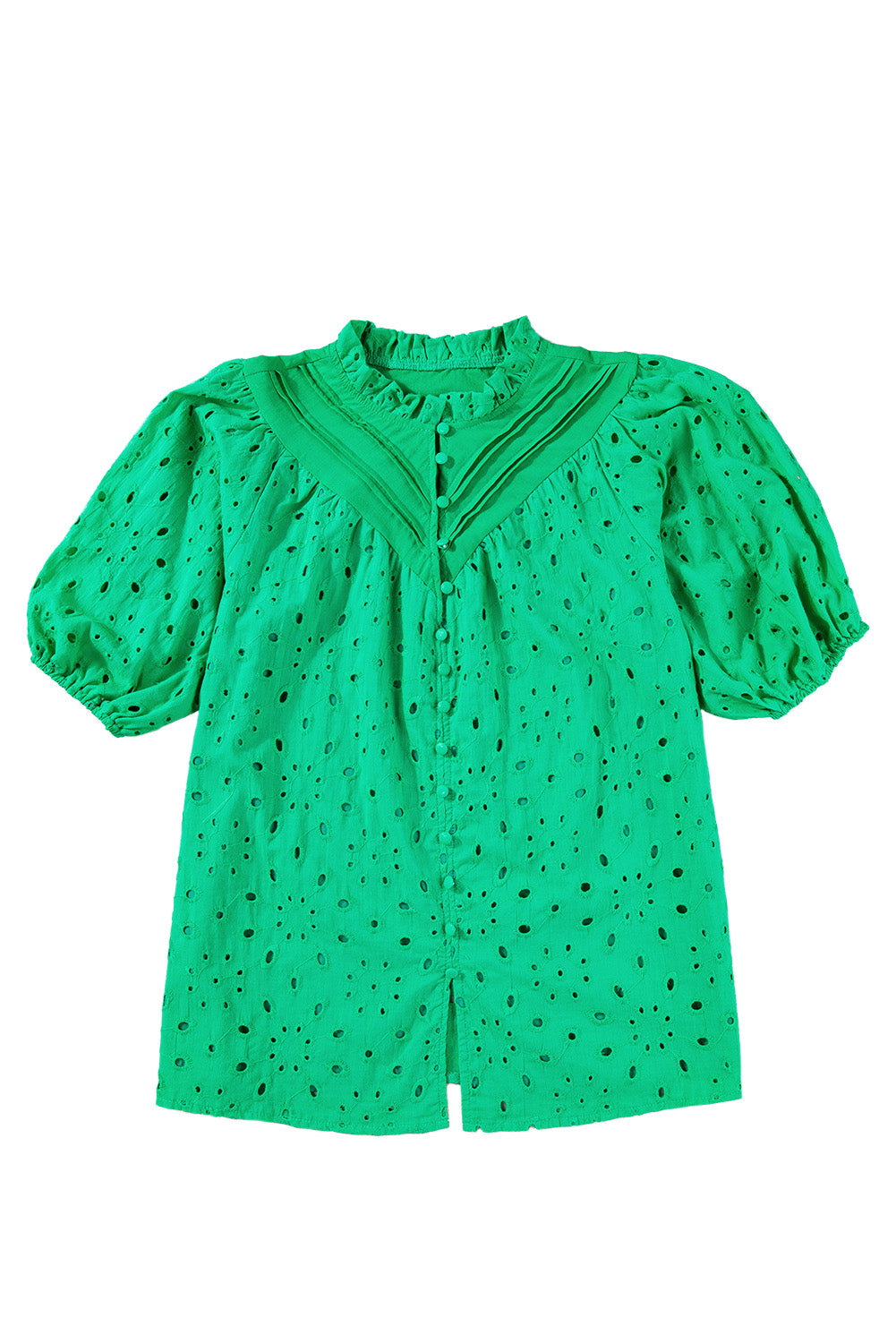 Green Flower Hollow-out Short Puff Sleeve BlouseMaterial:100%Cotton



		With charming floral details and hollow-out accents, this blouse offers a touch of elegance and femininity.
	
	
		Featuring short puff 