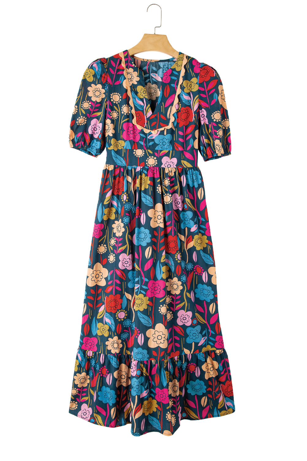 Green Floral Print Split V Neck Puff Sleeve Maxi DressMaterial:100%Cotton



		The dress is made from a soft and breathable fabric, ensuring comfort and a lightweight feel.
	
	
		This maxi dress features a split V 