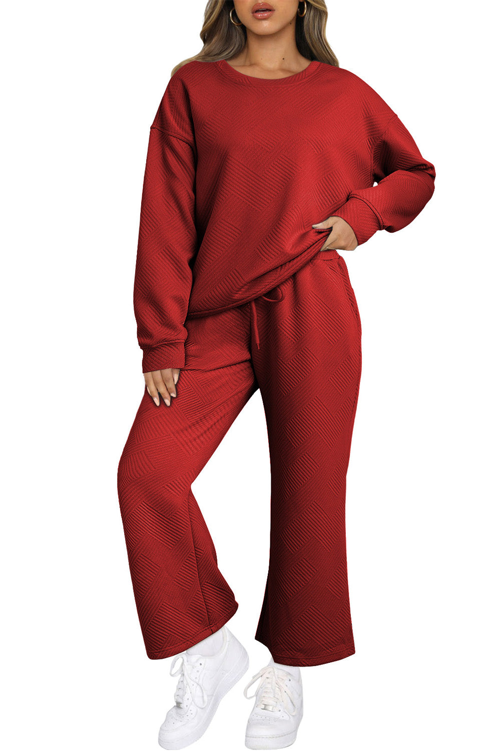 Red Dahlia Textured Loose Slouchy Long Sleeve Top and Pants SetMaterial:95%POLYESTER+5%ELASTANE



		Our Gray Textured Loose Slouchy Long Sleeve Top and Pants Set, a comfortable and stylish ensemble that is perfect for loungin