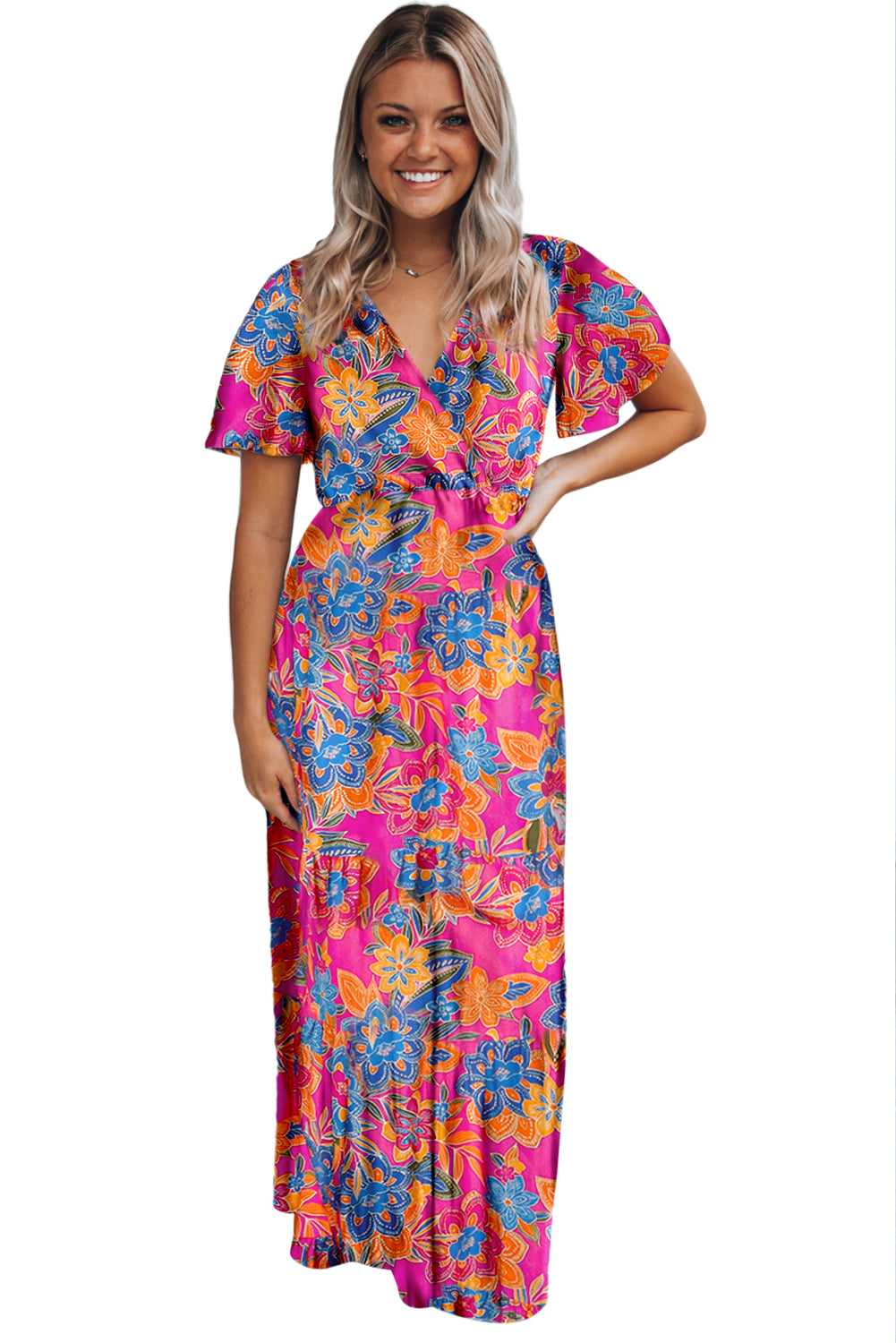 Abstract Botanic Print Wrap V Neck Short Sleeve Maxi DressMaterial:100%Viscose



		•The wrap style makes it a flattering and comfortable option for all body types.
	
	
		•The short sleeves make it ideal for warmer wea