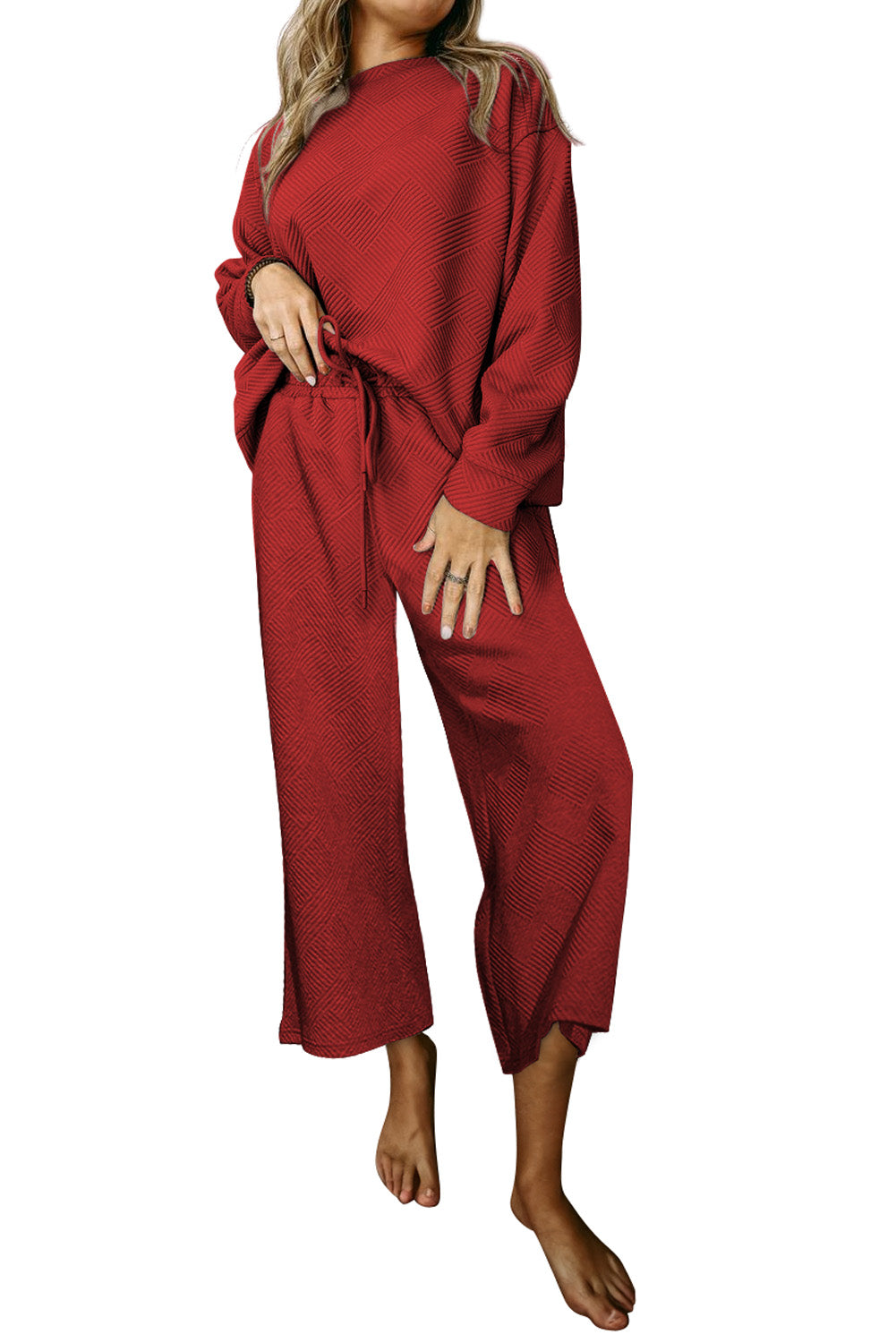 Red Dahlia Textured Loose Slouchy Long Sleeve Top and Pants SetMaterial:95%POLYESTER+5%ELASTANE



		Our Gray Textured Loose Slouchy Long Sleeve Top and Pants Set, a comfortable and stylish ensemble that is perfect for loungin