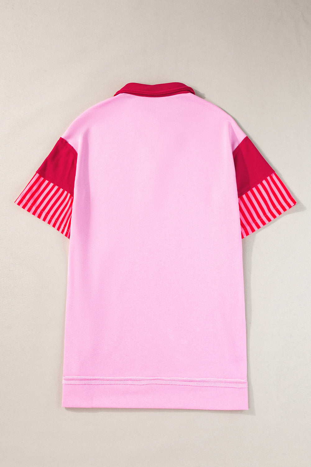 Pink Stripe Colorblock Sleeve Collared Mini DressMaterial:65%Polyester+35%Cotton

• The combination of pink and stripes adds a fun and trendy touch to your outfit.
• Embrace the relaxed vibes with the drop sleeve
