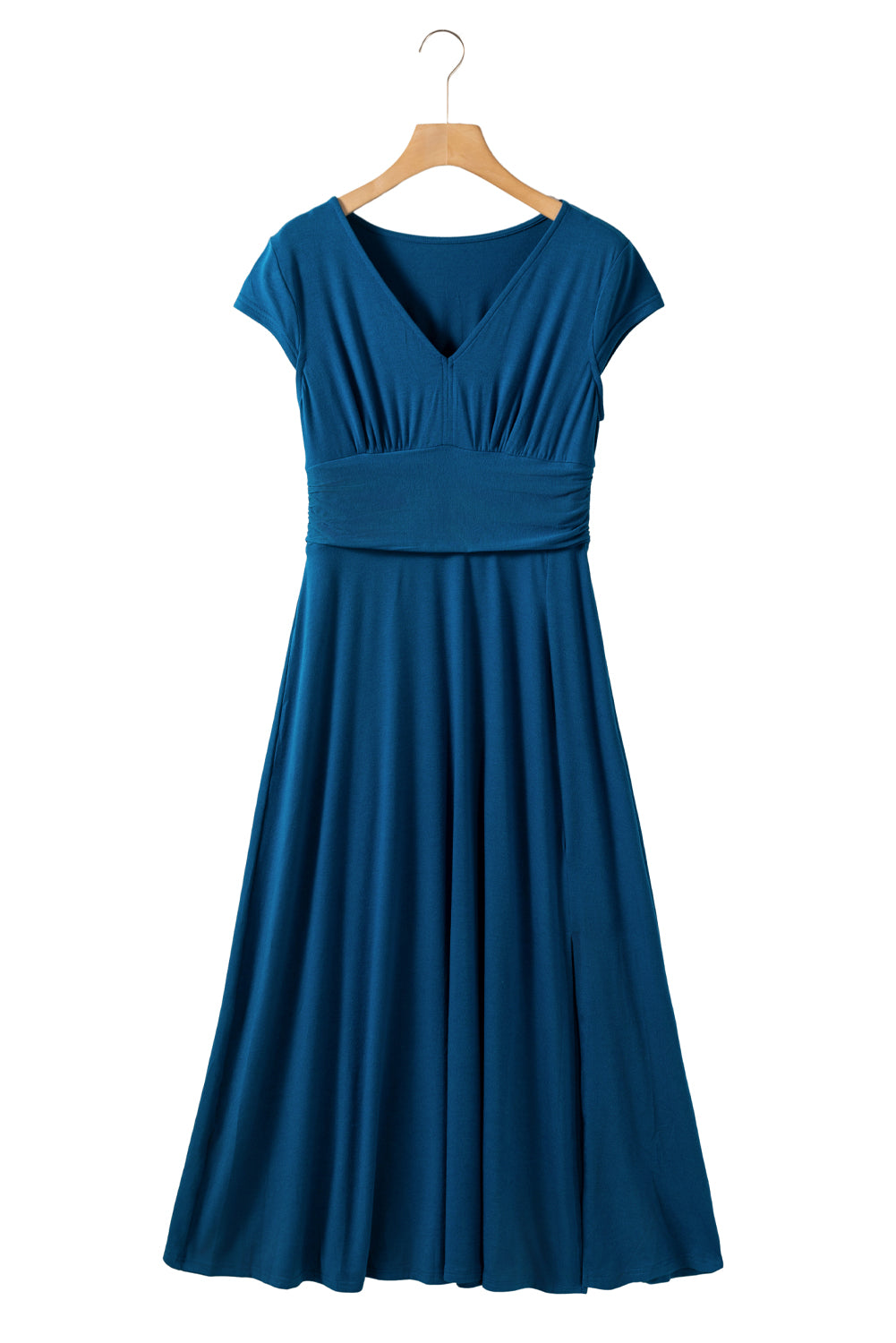 Peacock Blue Deep V Neck Ruched High Waist Midi DressMaterial:65%Polyester+30%Viscose+5%Elastane



		This concise long dress is versatile and suitable for various occasions. 
	
	
		The trendy high-waist look is e