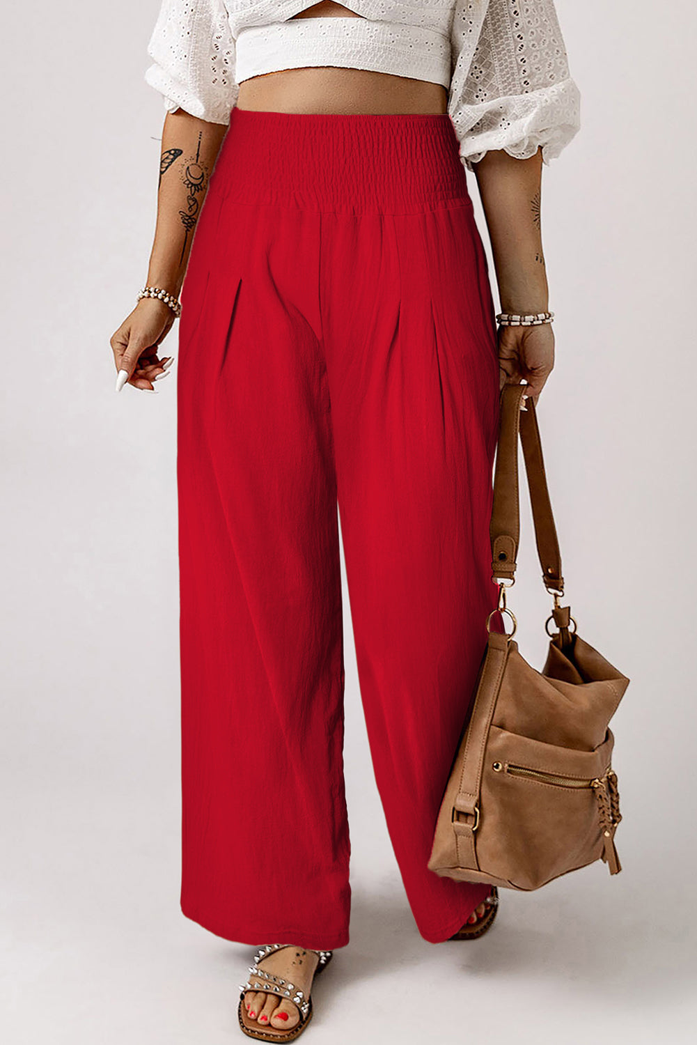 Black Smocked Wide Waistband High Waist Wide Leg PantsMaterial:65%COTTON+35%POLYESTER



		Flattering smocked waistband cinches at the
waist for a lovely silhouette
	
	
		High waist design elongates legs for a
st