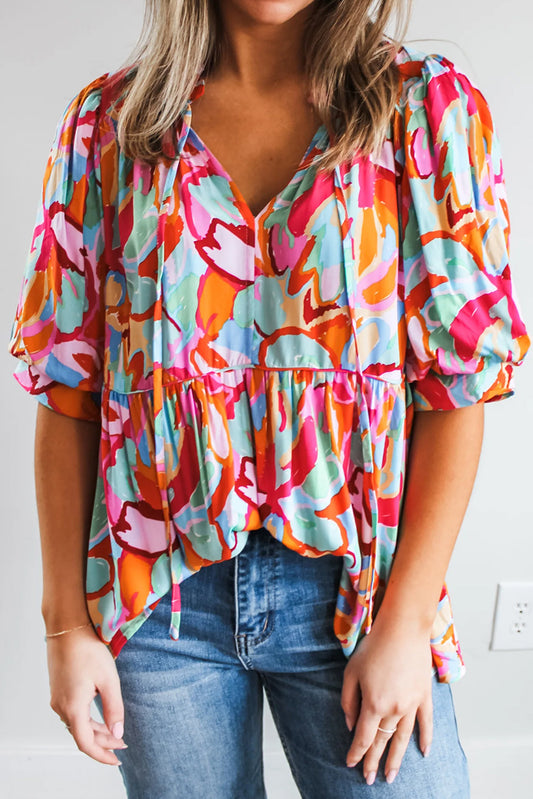 Rose Red Abstract Print V Neck Puff Sleeve BlouseMaterial:100%Viscose



		Make a statement with our blouse, crafted from a lightweight and eye-catching fabric that exudes personality and style.
	
	
		This blo