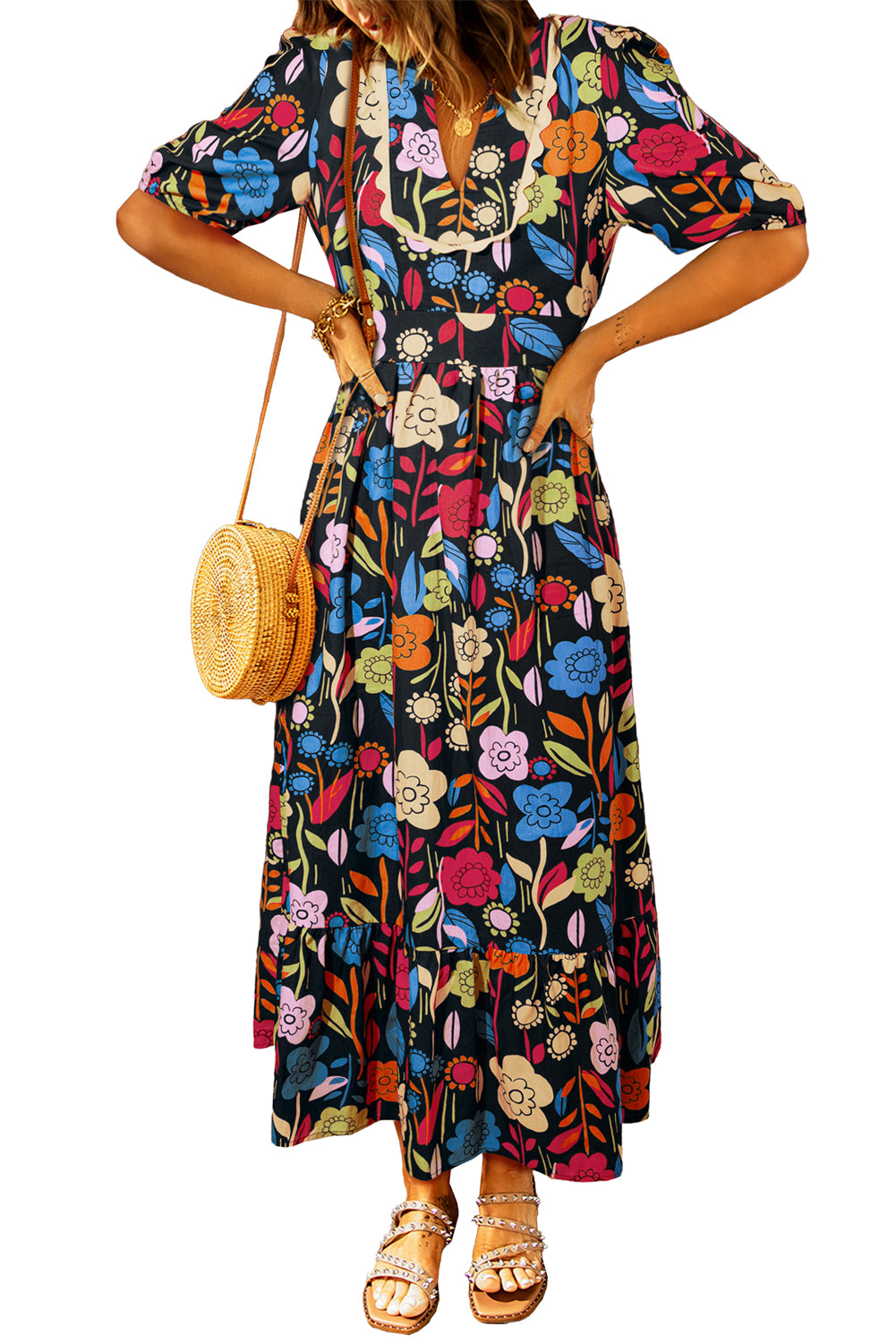 Green Floral Print Split V Neck Puff Sleeve Maxi DressMaterial:100%Cotton



		The dress is made from a soft and breathable fabric, ensuring comfort and a lightweight feel.
	
	
		This maxi dress features a split V 