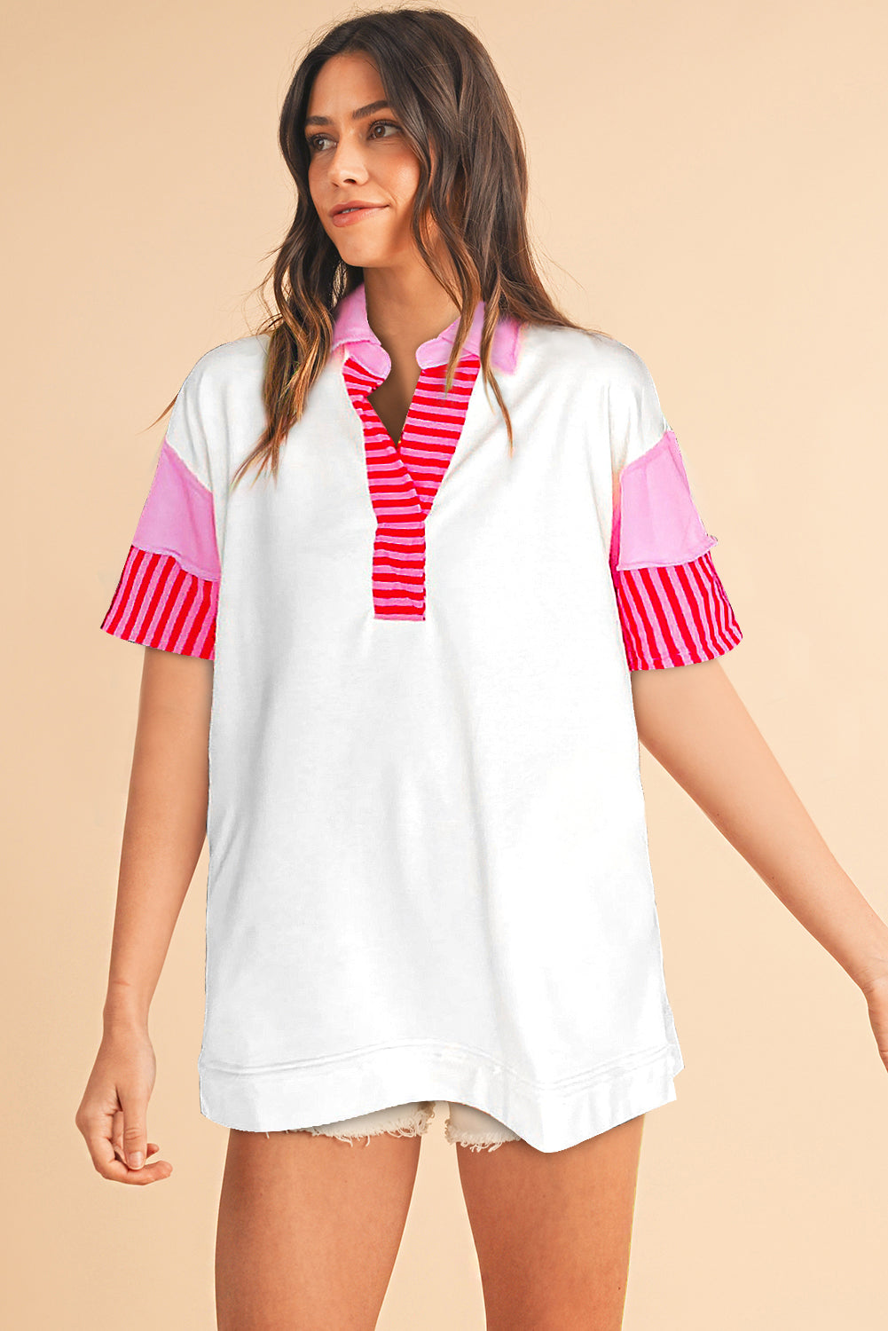 Pink Stripe Colorblock Sleeve Collared Mini DressMaterial:65%Polyester+35%Cotton

• The combination of pink and stripes adds a fun and trendy touch to your outfit.
• Embrace the relaxed vibes with the drop sleeve