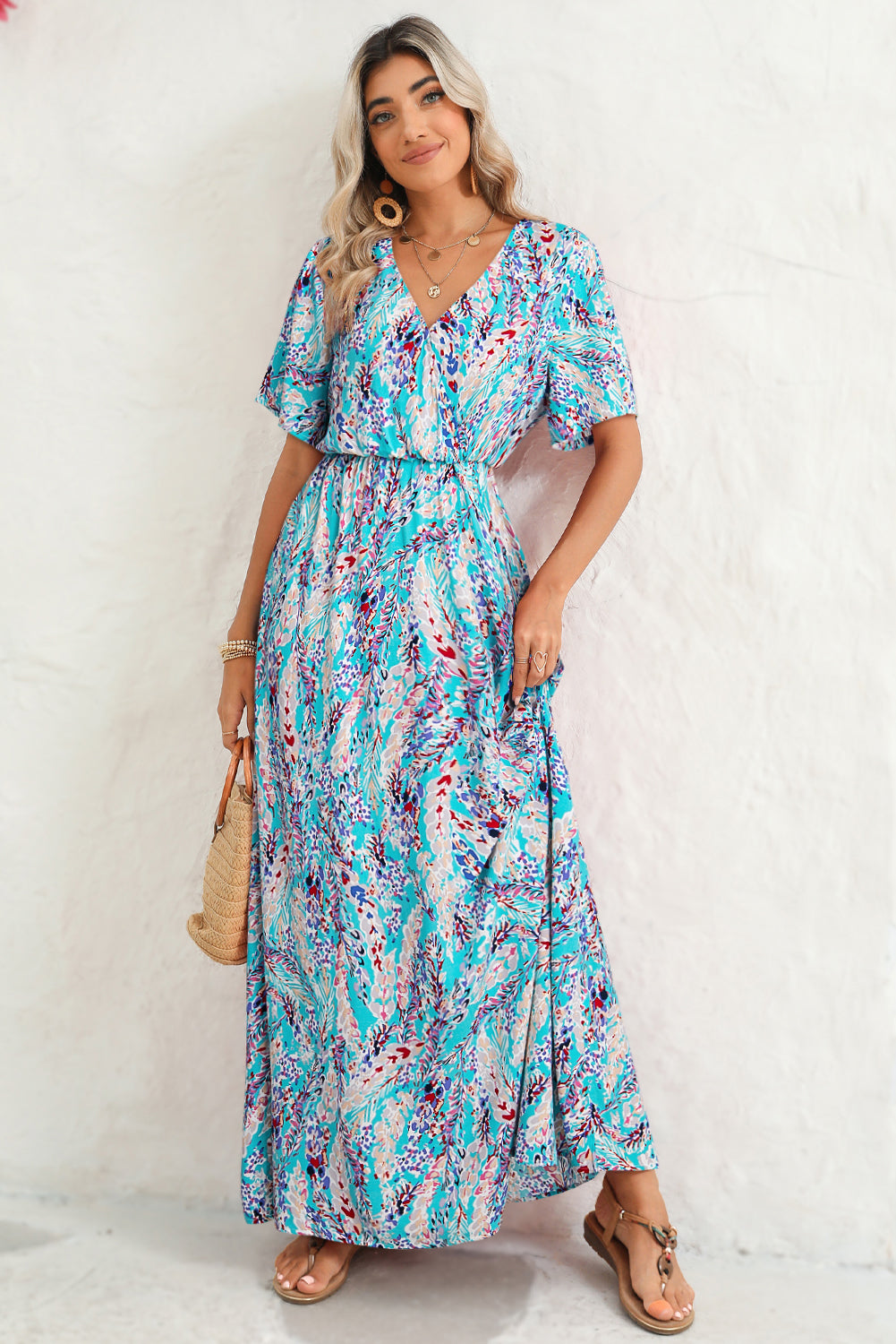 Abstract Botanic Print Wrap V Neck Short Sleeve Maxi DressMaterial:100%Viscose



		•The wrap style makes it a flattering and comfortable option for all body types.
	
	
		•The short sleeves make it ideal for warmer wea