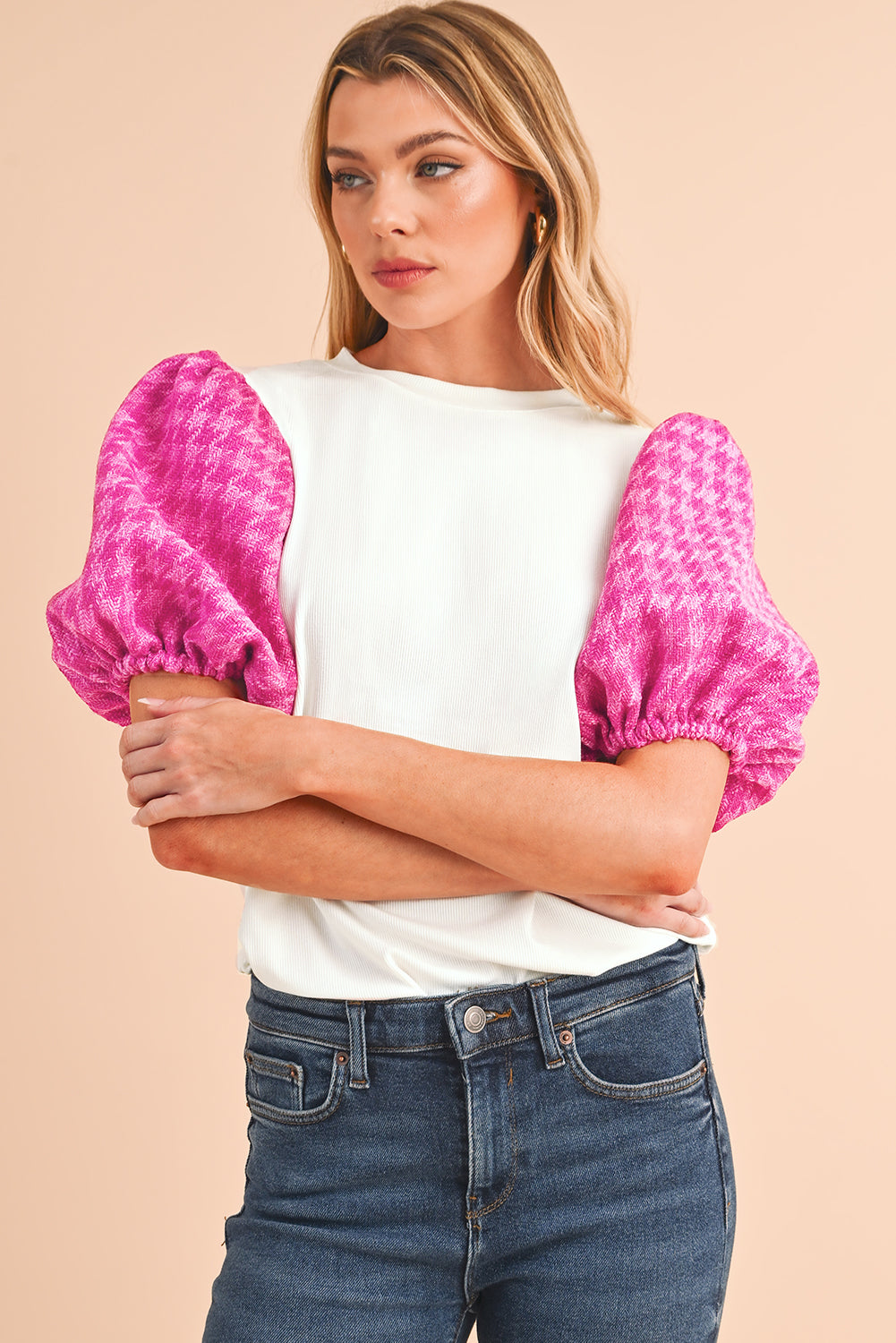 White Tweed Lantern Sleeve Patchwork BlouseMaterial:93%Viscose+7%Elastane



		The blouse features lantern sleeves, which are characterized by their voluminous and puffed shape. 
	
	
		The blouse can be 