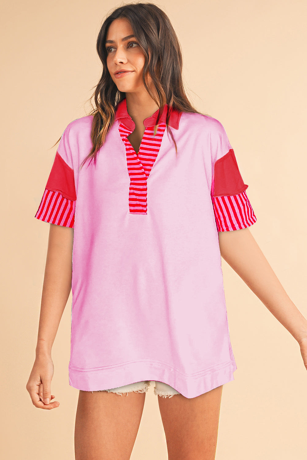 Pink Stripe Colorblock Sleeve Collared Mini DressMaterial:65%Polyester+35%Cotton

• The combination of pink and stripes adds a fun and trendy touch to your outfit.
• Embrace the relaxed vibes with the drop sleeve