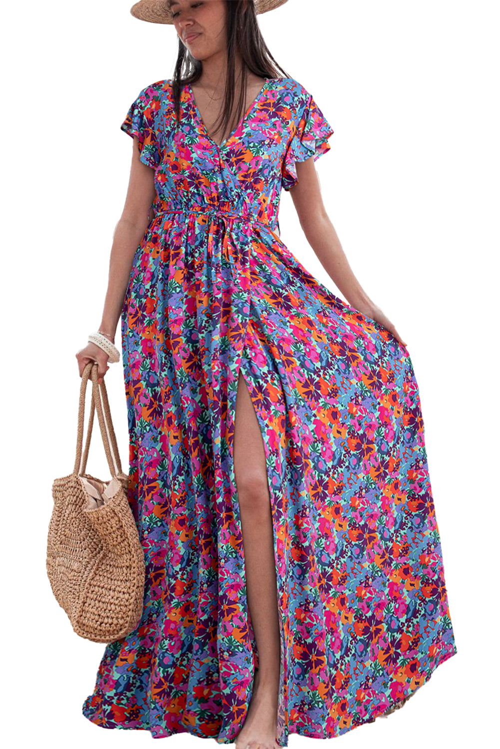 Blue Boho Floral Print V Neck Wrap Split Maxi DressMaterial:100%Viscose



		This high waist dress elongates the silhouette and creates a flattering hourglass shape
	
	
		The side slit adds a touch of allure and