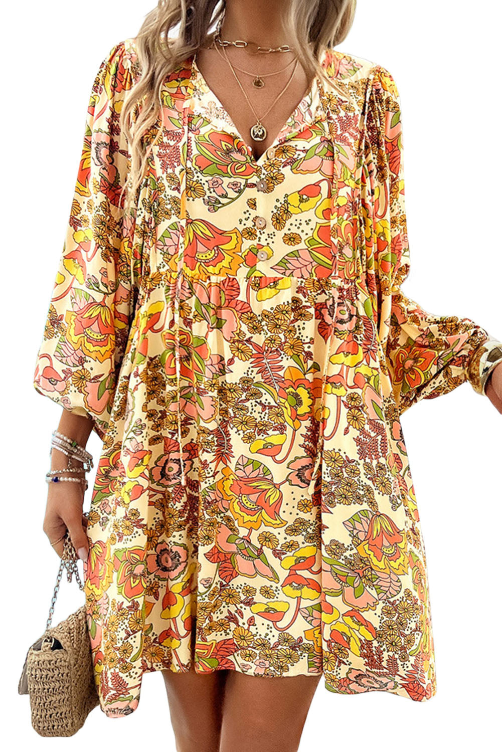 Yellow Cream Floral Print Tie V Neck Long Sleeve Mini DressMaterial:100%Polyester

• Effortlessly chic, the mini dress features a tie front detail that adds a touch of elegance to the bohemian look. 
• With puff sleeves th