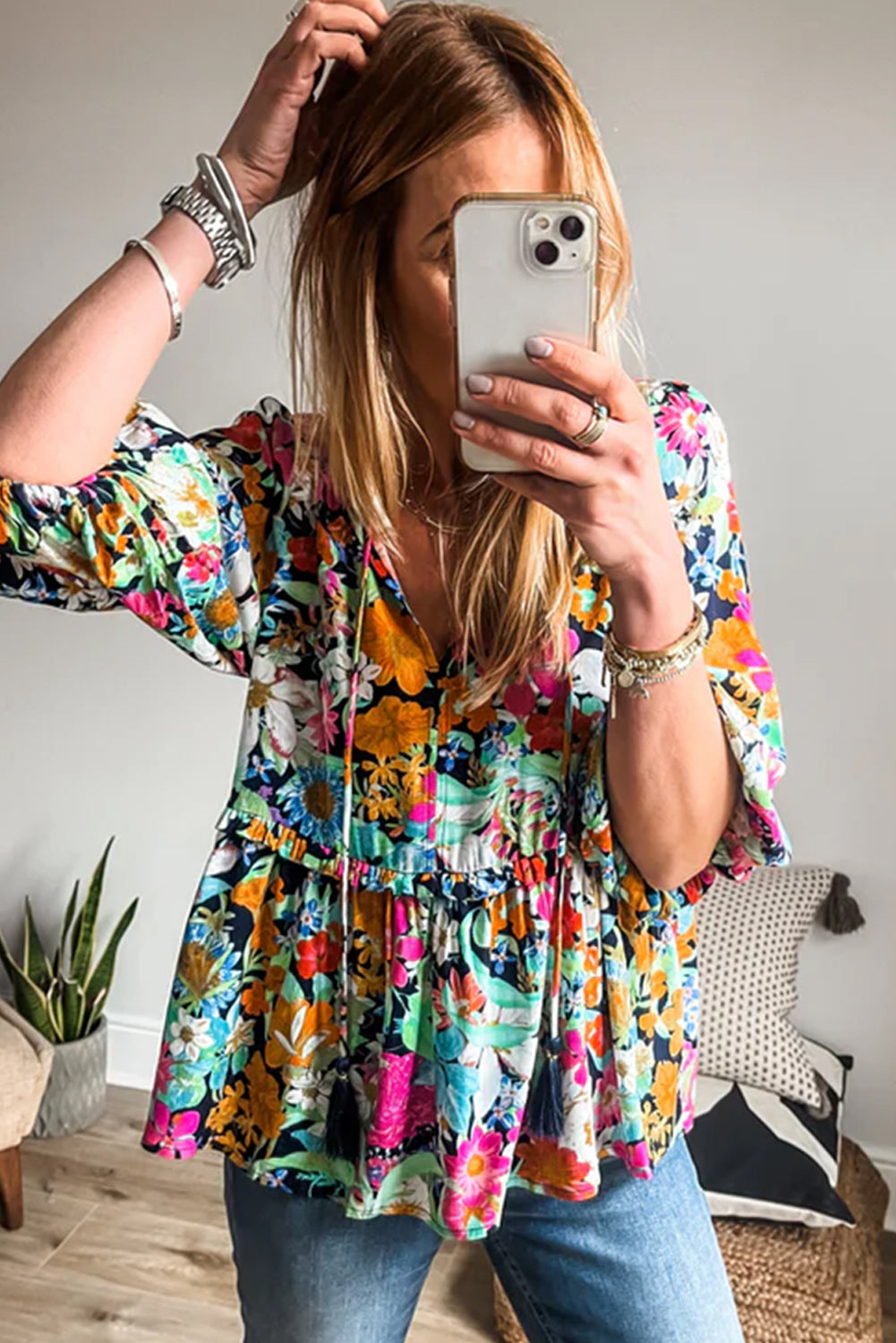 Multicolour Boho Floral V Neck Lantern Sleeve BlouseMaterial:100%Polyester

• Embrace boho-chic vibes with our blouse, featuring vibrant hues and a tie front design for a stylish look.
• The lantern sleeves add a to