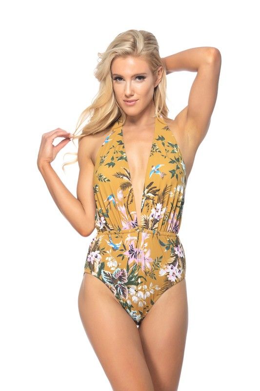 ONE PIECE SUNSHINE FLORAL PRINT SWIMSUITSunshine floral deep V plunging one piece that fits comfortable without tight lines, Elongating high waist, and flattering shirring at bust and waist accentuate all 