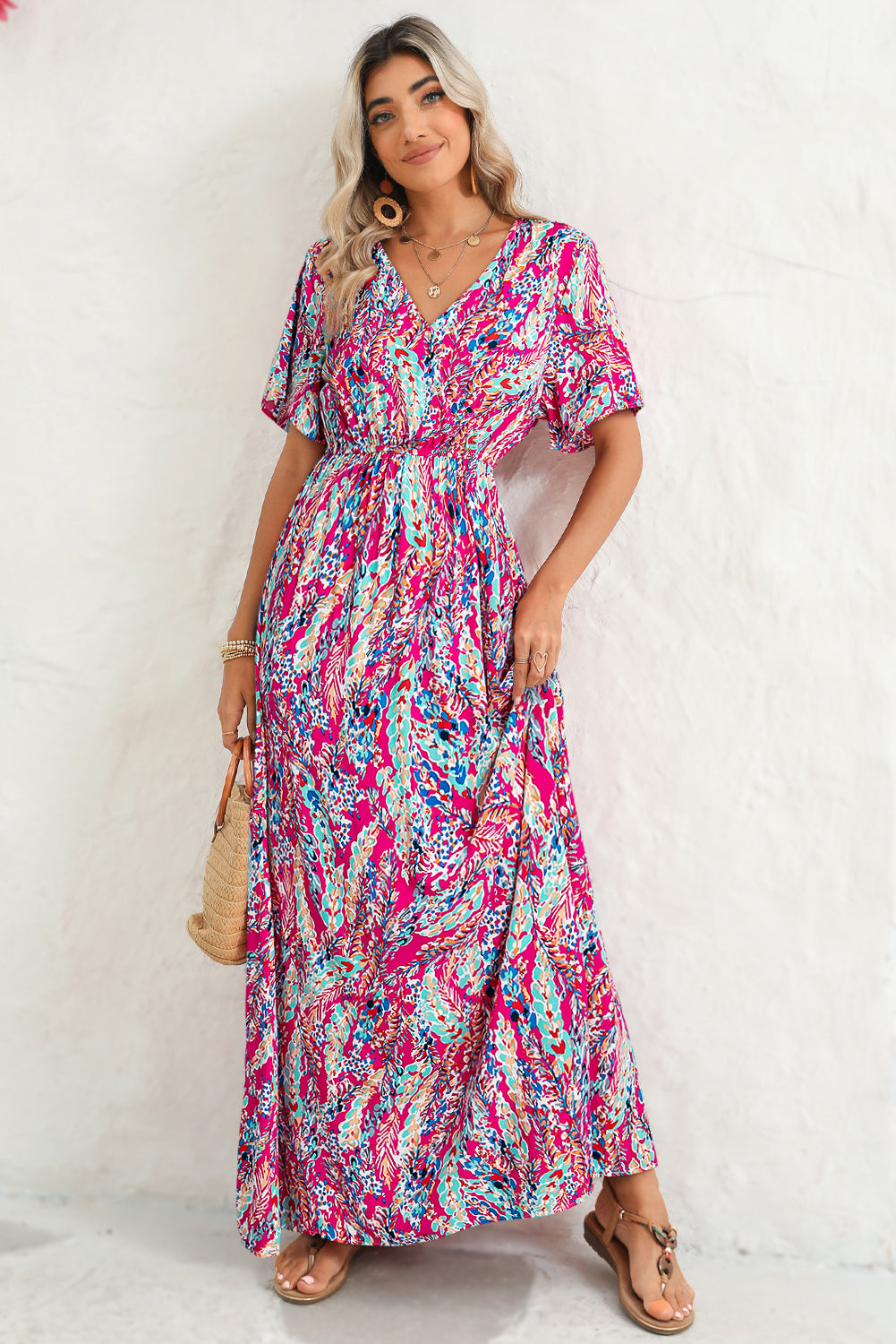 Abstract Botanic Print Wrap V Neck Short Sleeve Maxi DressMaterial:100%Viscose



		•The wrap style makes it a flattering and comfortable option for all body types.
	
	
		•The short sleeves make it ideal for warmer wea