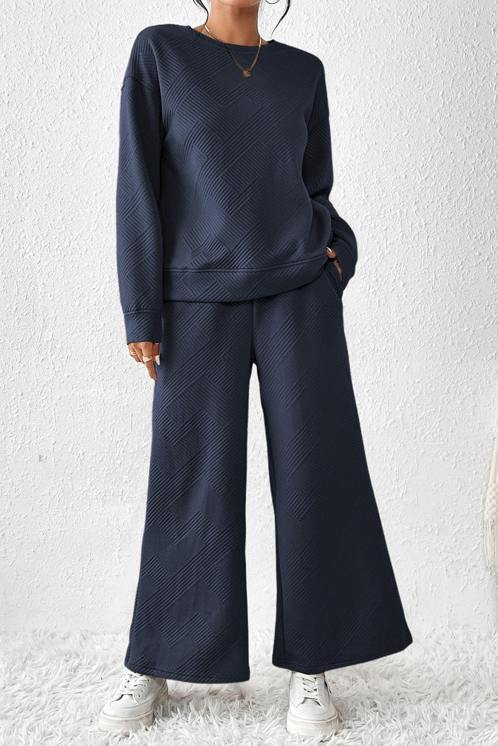 Red Dahlia Textured Loose Slouchy Long Sleeve Top and Pants SetMaterial:95%POLYESTER+5%ELASTANE



		Our Gray Textured Loose Slouchy Long Sleeve Top and Pants Set, a comfortable and stylish ensemble that is perfect for loungin