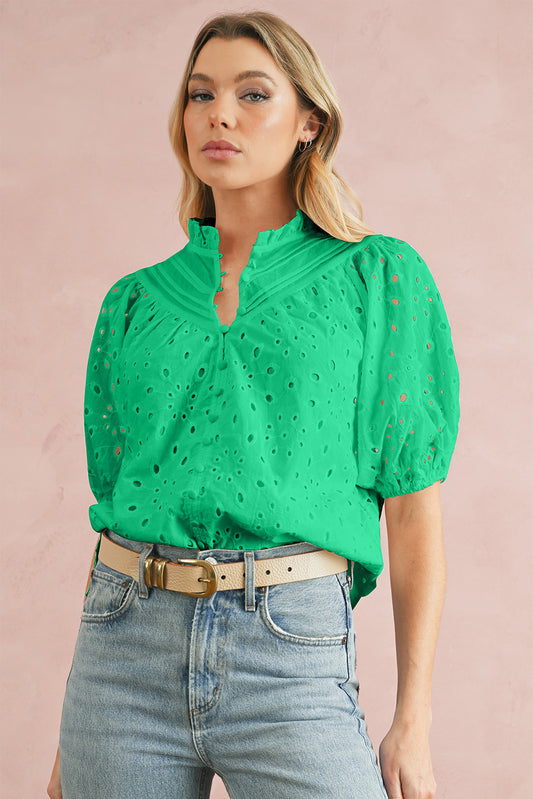 Green Flower Hollow-out Short Puff Sleeve BlouseMaterial:100%Cotton



		With charming floral details and hollow-out accents, this blouse offers a touch of elegance and femininity.
	
	
		Featuring short puff 